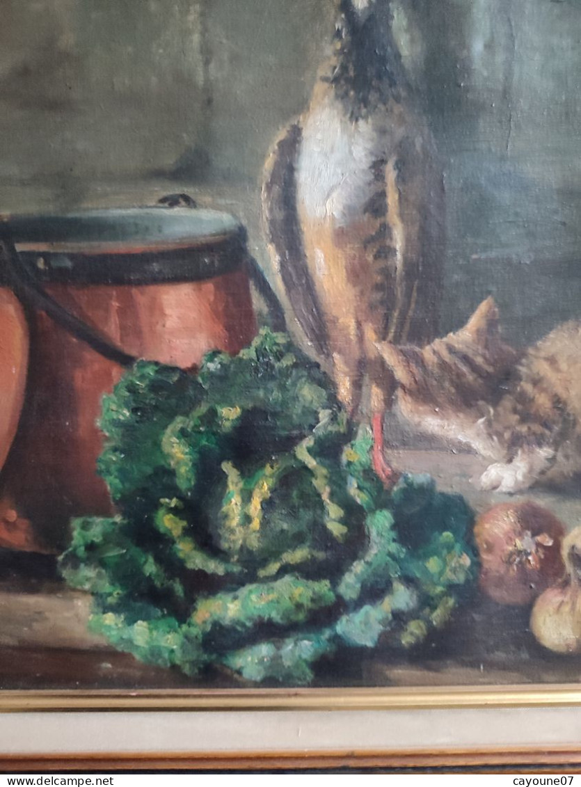 C GIRARD huile sur toile nature morte "Retour de chasse au gibier chat chou oignon et chaudron" datée 1923