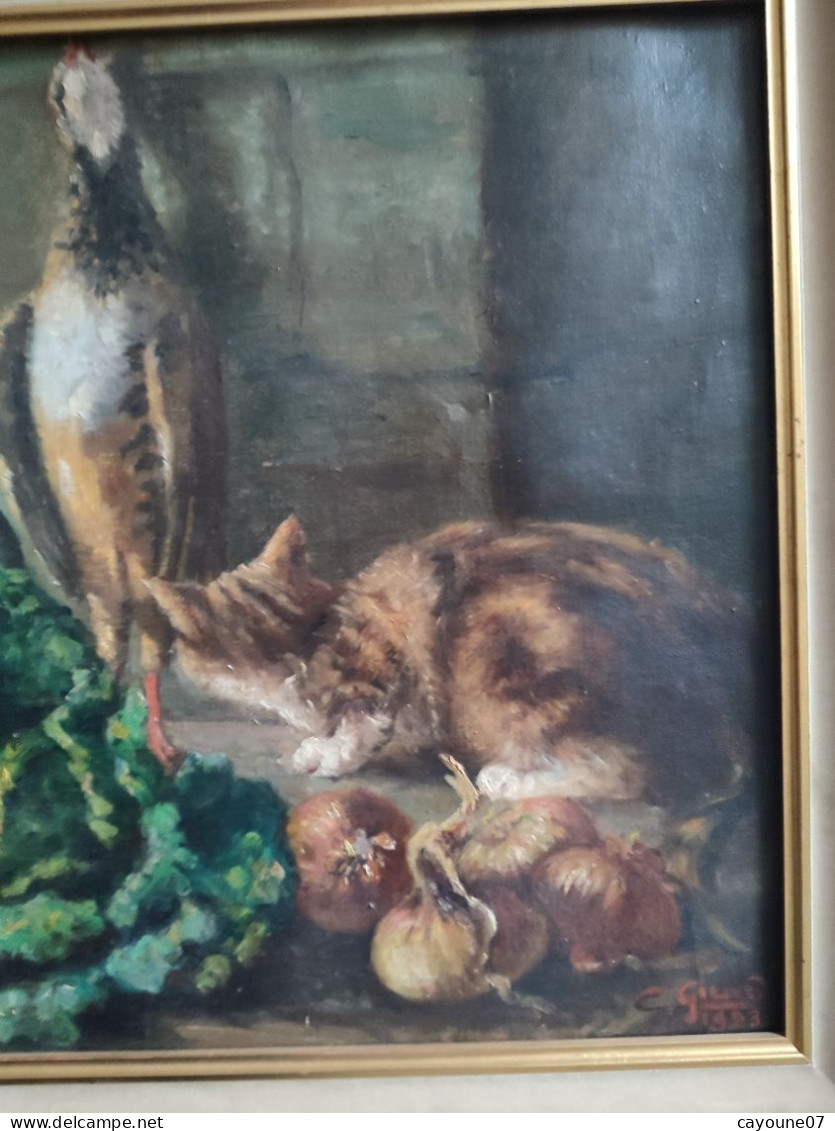 C GIRARD huile sur toile nature morte "Retour de chasse au gibier chat chou oignon et chaudron" datée 1923