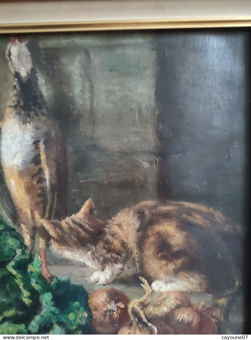 C GIRARD huile sur toile nature morte "Retour de chasse au gibier chat chou oignon et chaudron" datée 1923