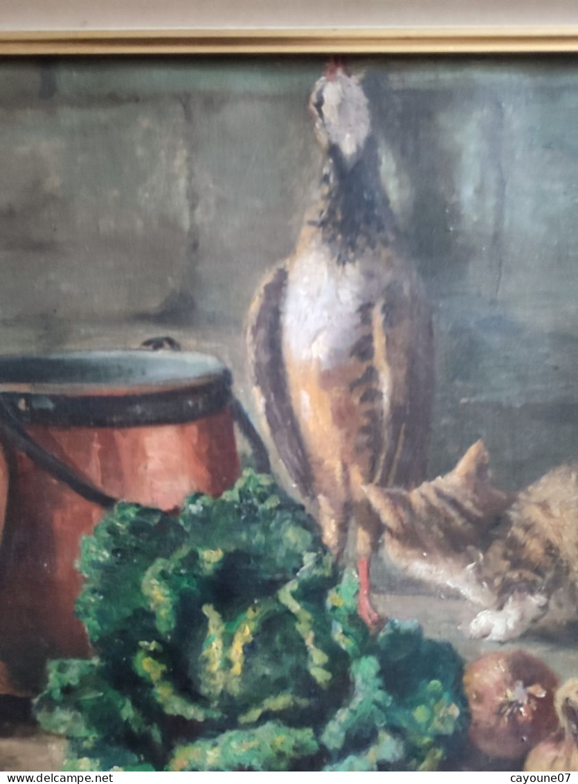 C GIRARD huile sur toile nature morte "Retour de chasse au gibier chat chou oignon et chaudron" datée 1923