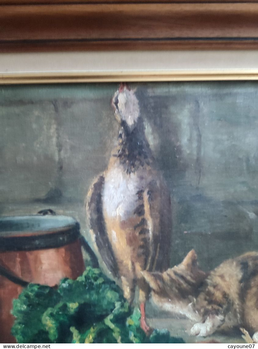 C GIRARD huile sur toile nature morte "Retour de chasse au gibier chat chou oignon et chaudron" datée 1923