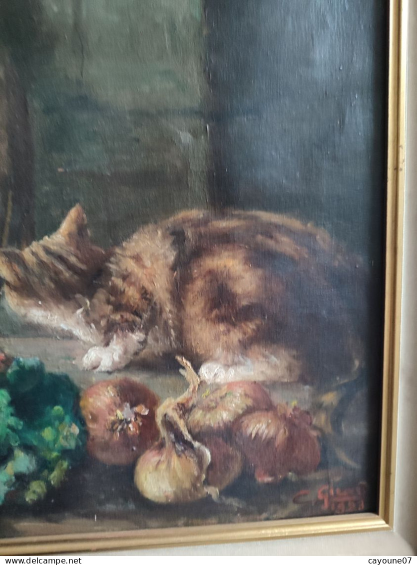 C GIRARD huile sur toile nature morte "Retour de chasse au gibier chat chou oignon et chaudron" datée 1923