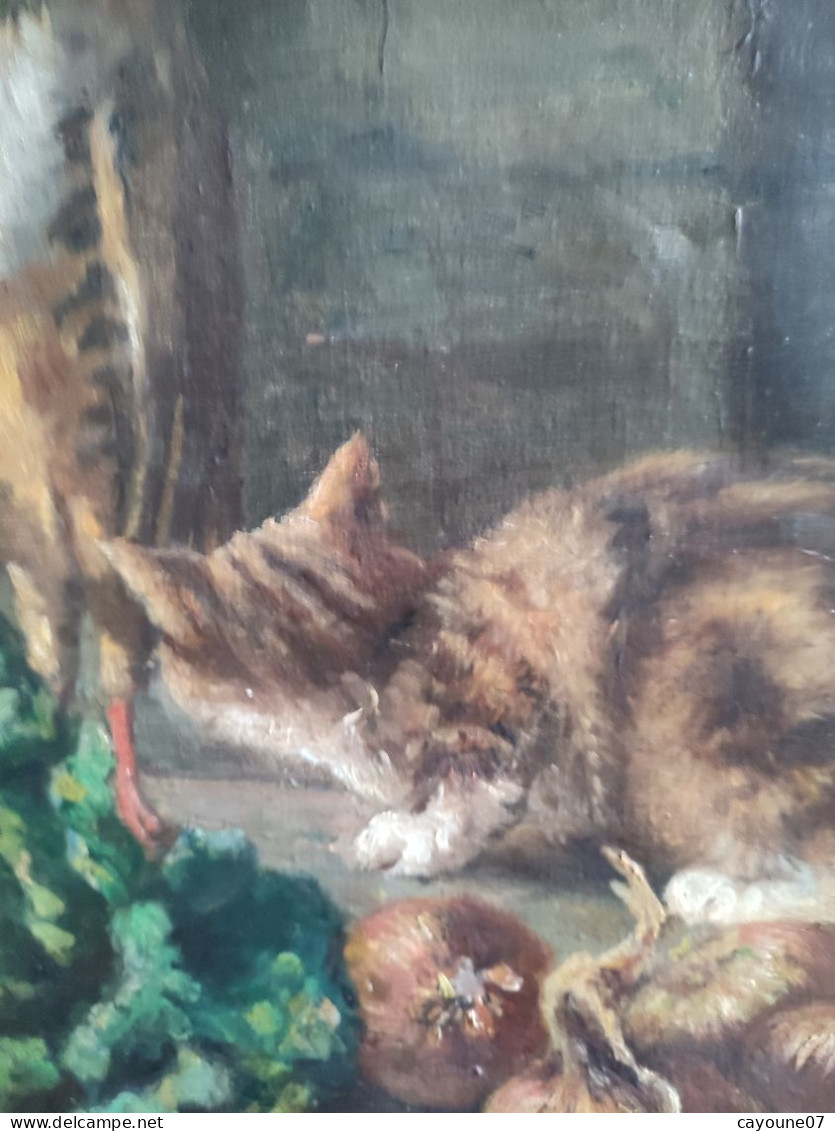 C GIRARD huile sur toile nature morte "Retour de chasse au gibier chat chou oignon et chaudron" datée 1923