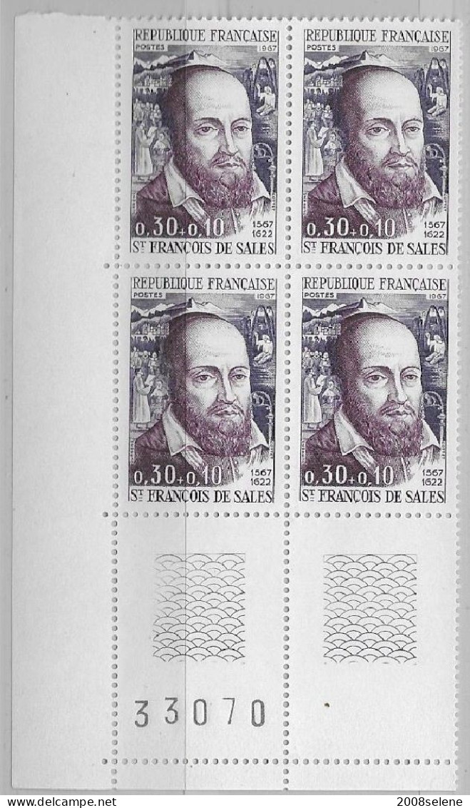 1967 Bloc De 4 Coin Numéroté Saint François De Sales Neuf ** N°1513 - 1960-1969