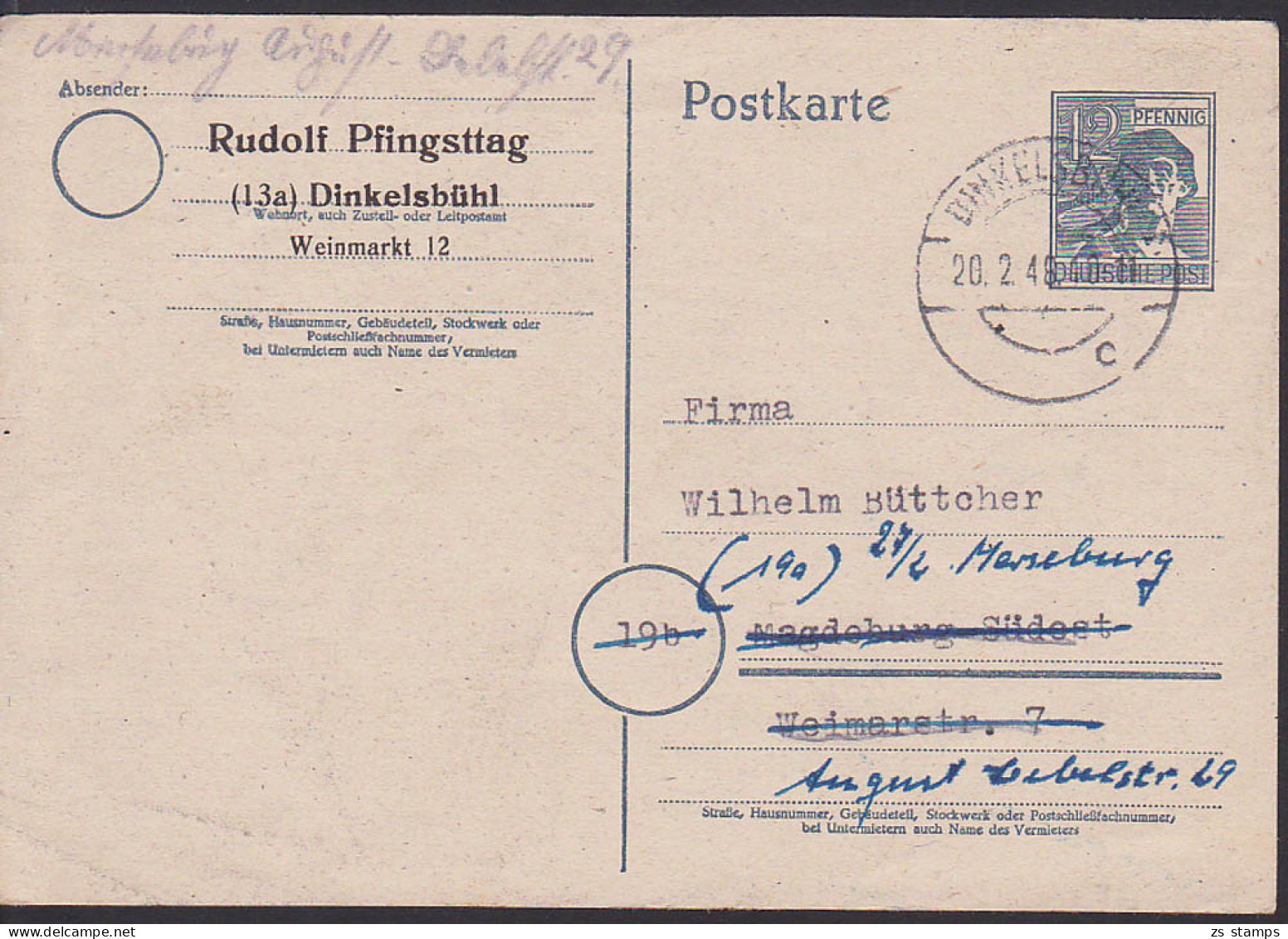 Dinkelsbühl GA Mit Privatem Absender-Zudruck 20.2.46 Mit Weiterleitungs-Vermerk - Postal  Stationery