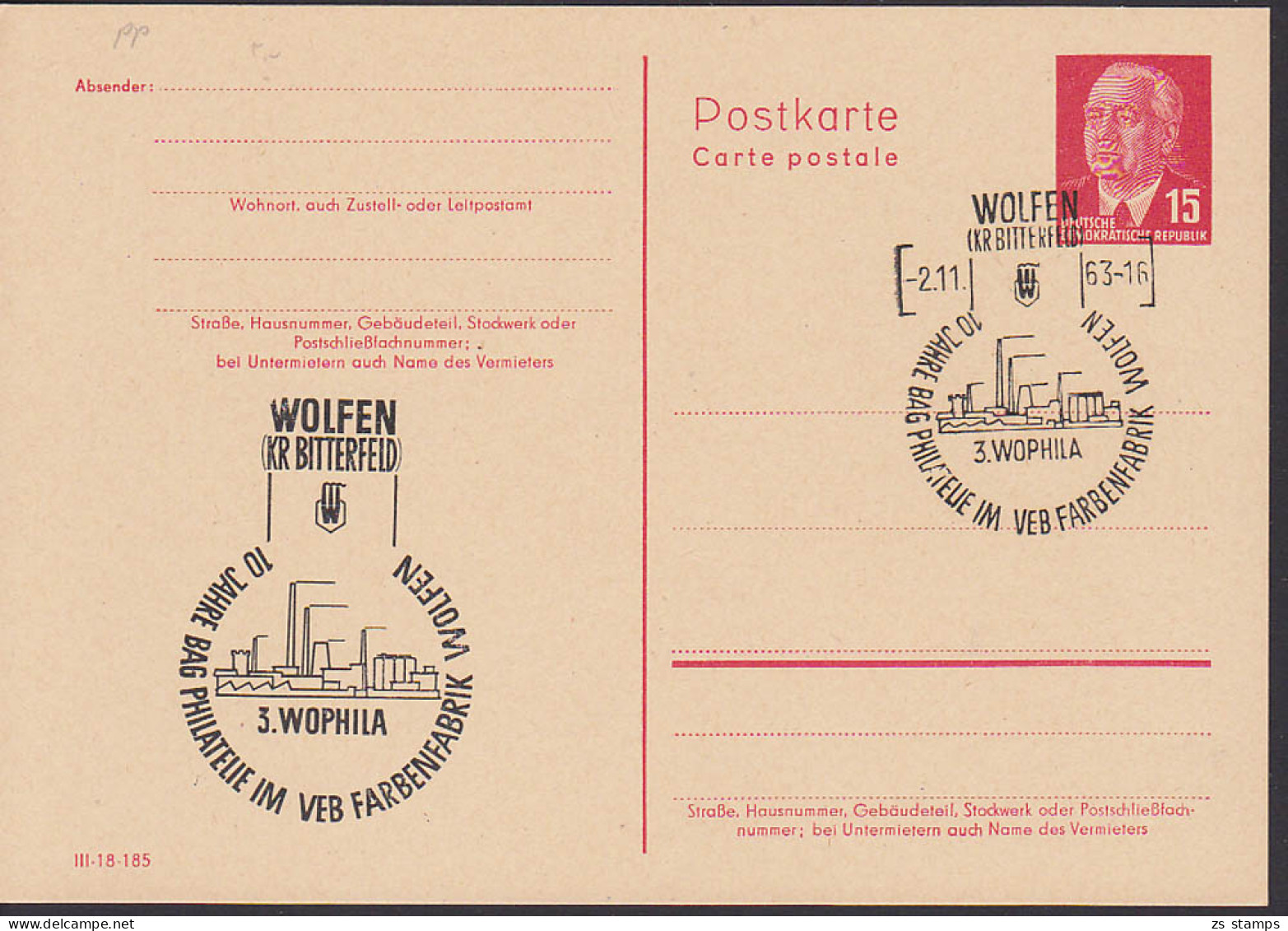 Wolfen (Kr. Bitterfeld) 15 Pfg. GA Mit Zudruck 3. WOPHILA 2.11.63 - Privé Postkaarten - Gebruikt