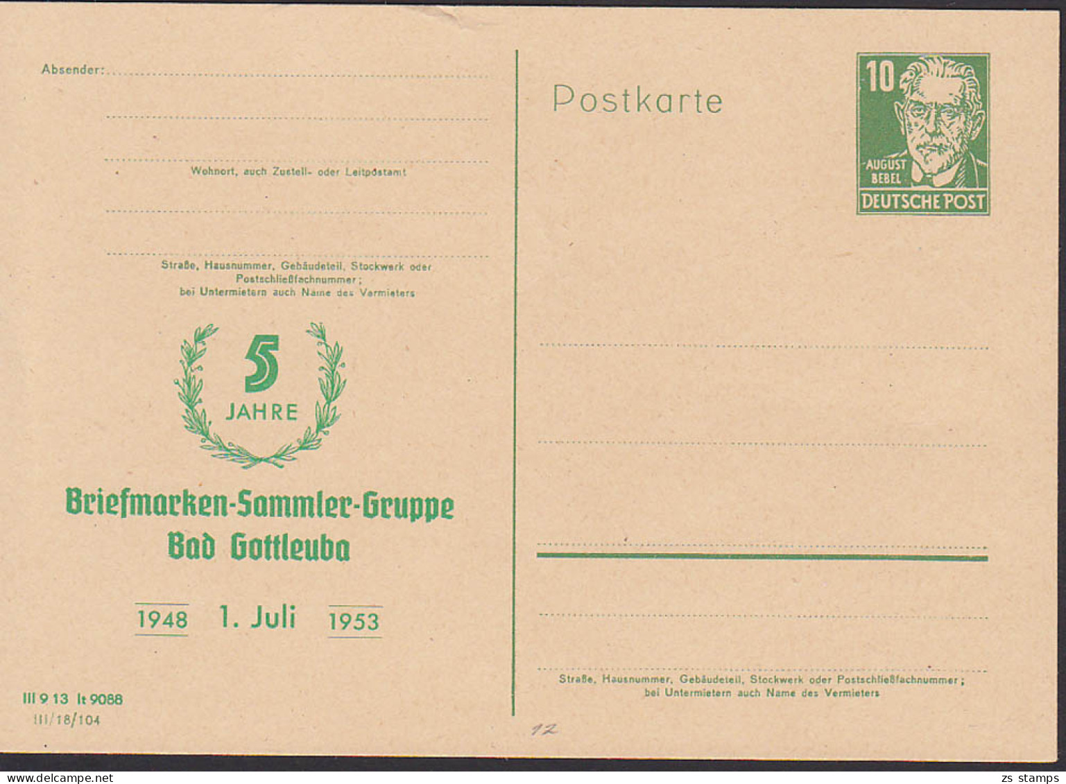 Bad Gottleuba 10 Pfg. August Bebel GA Mit Zudruck Briefmarken-Sammler-Gruppe 5 Jahre - Privé Postkaarten - Ongebruikt