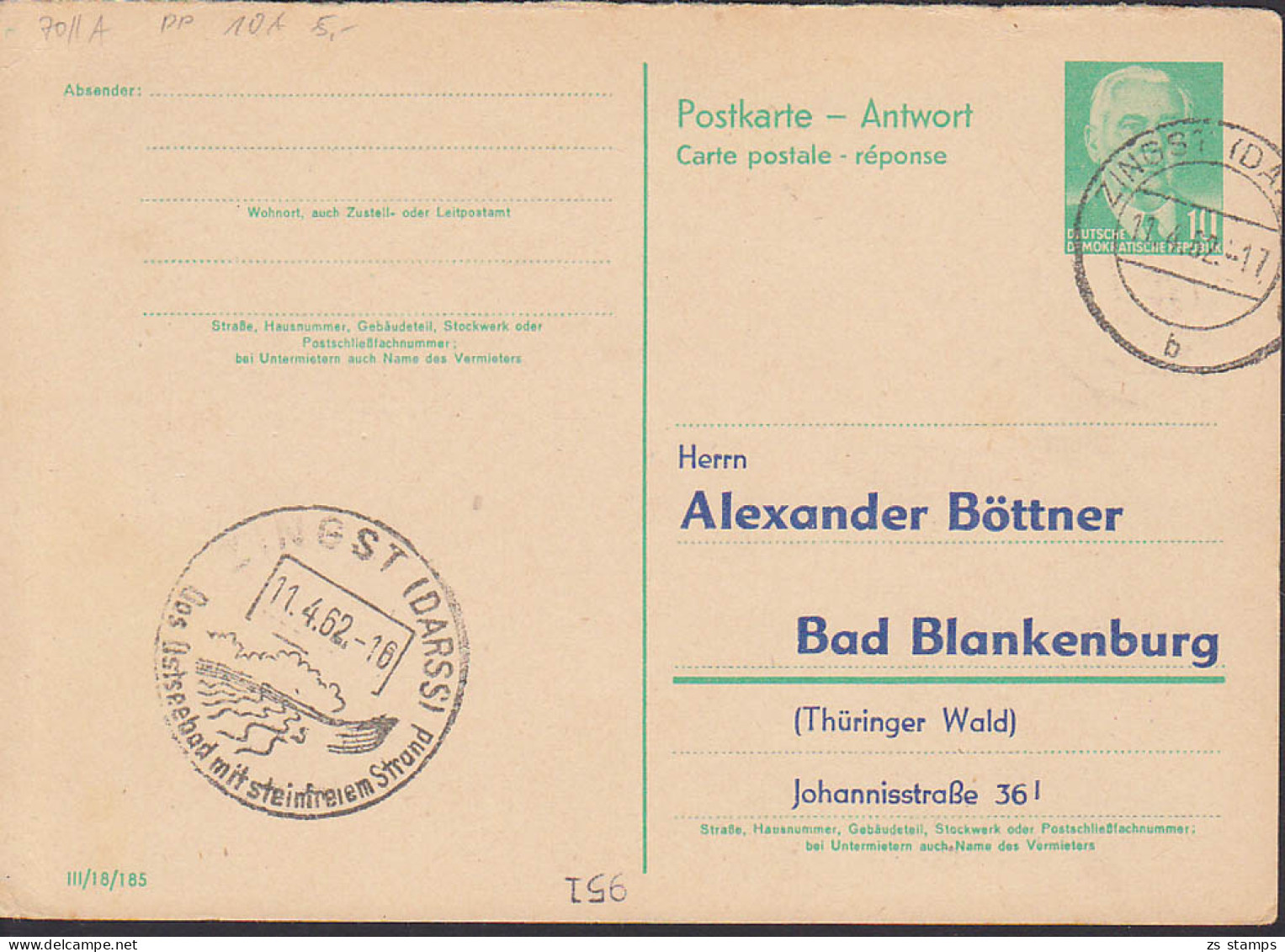 Bad Blankenburg Antwort-GA  Mit Privatem Zudruck, Zingsst (Dars) 11.4.62 - Cartes Postales Privées - Oblitérées