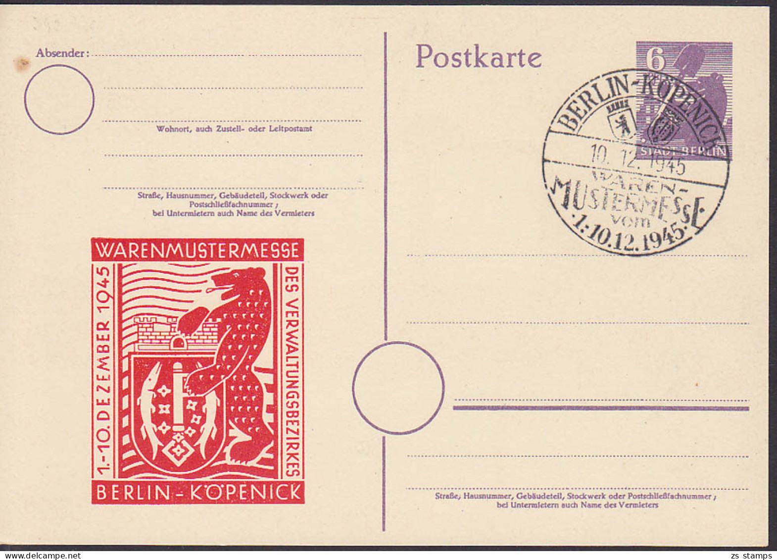 Berlin GA Mit Privatem Zudruck Warennustermesse Berlin-Köpenick 10.12.1945 SSt. - Postal  Stationery