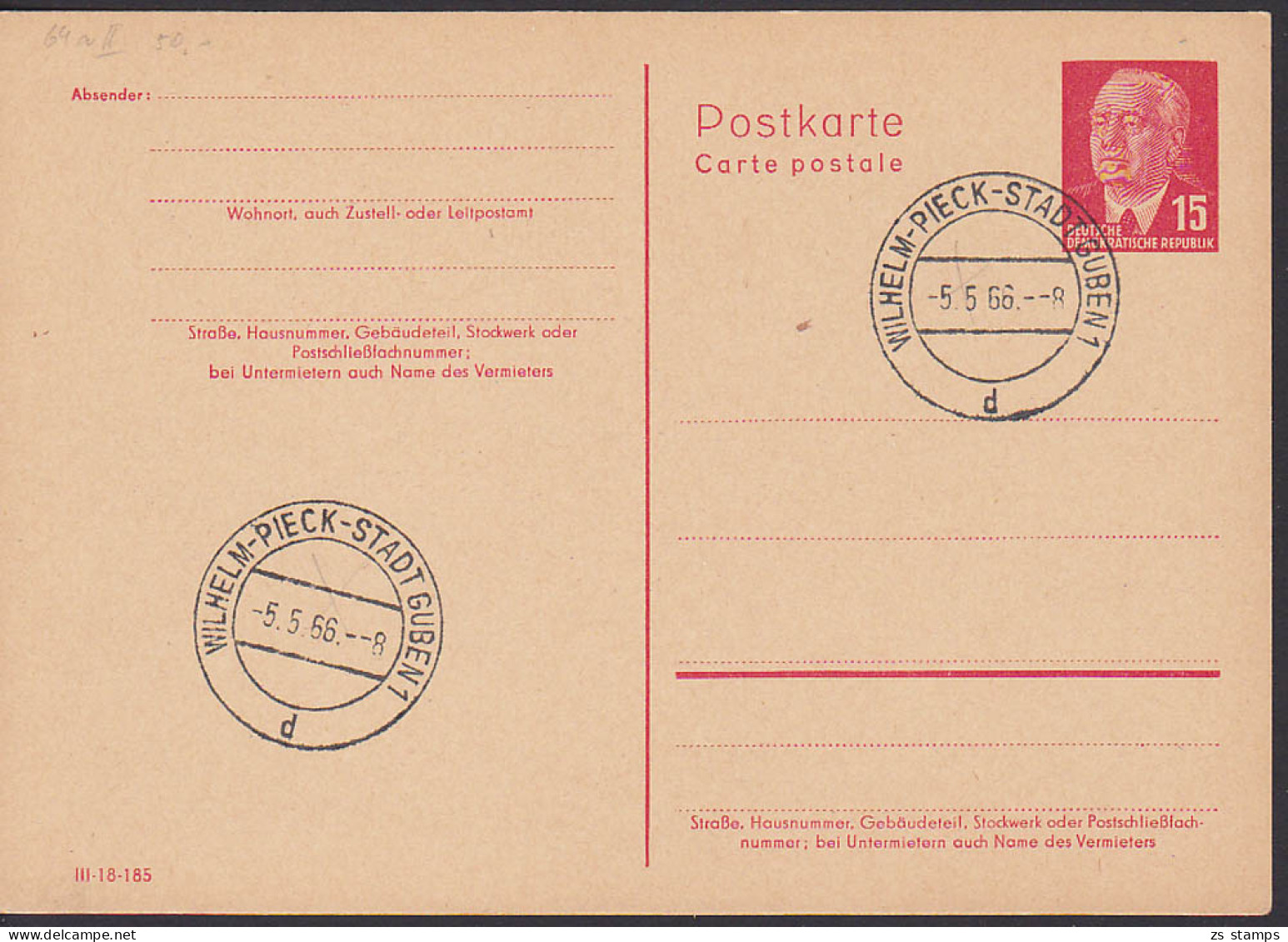 Wilhelm-Pieck-Stadt Guben 5.5.66, 15 Pfg. Wilhelm Pieck GA P64aII, Ohne Text - Postkaarten - Gebruikt