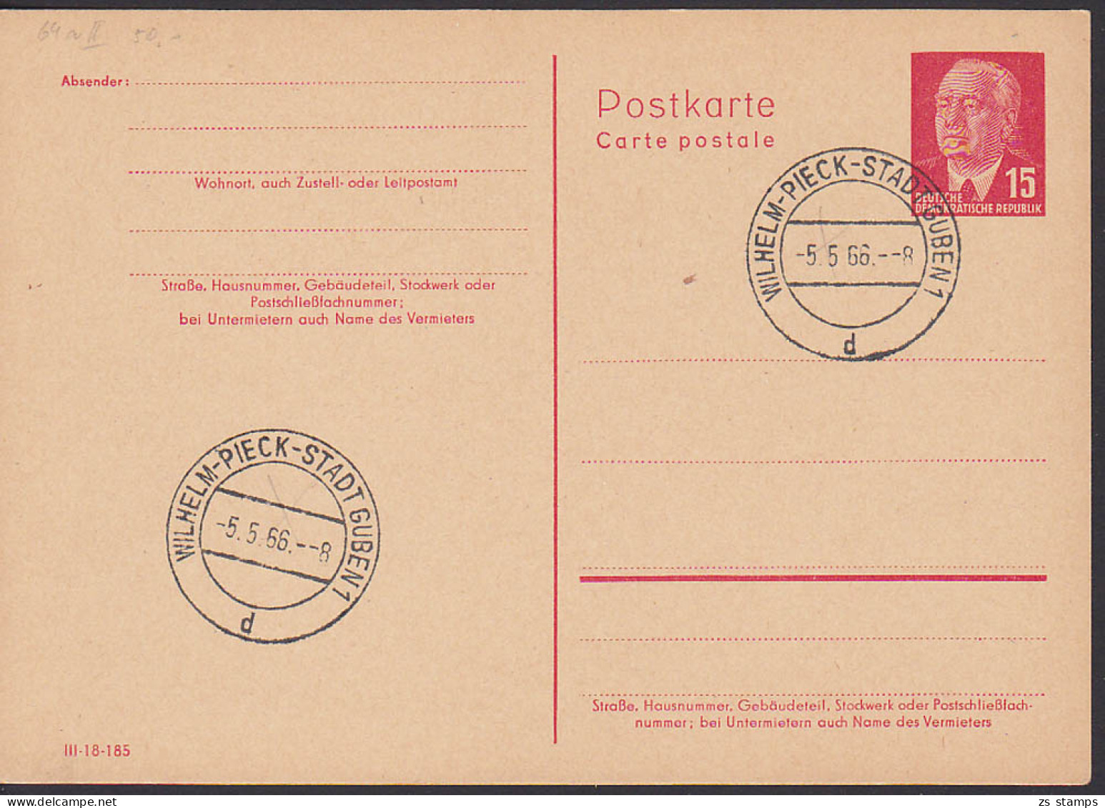 Wilhelm-Pieck-Stadt Guben 5.5.66, 15 Pfg. Wilhelm Pieck GA P64aII, Ohne Text - Postcards - Used
