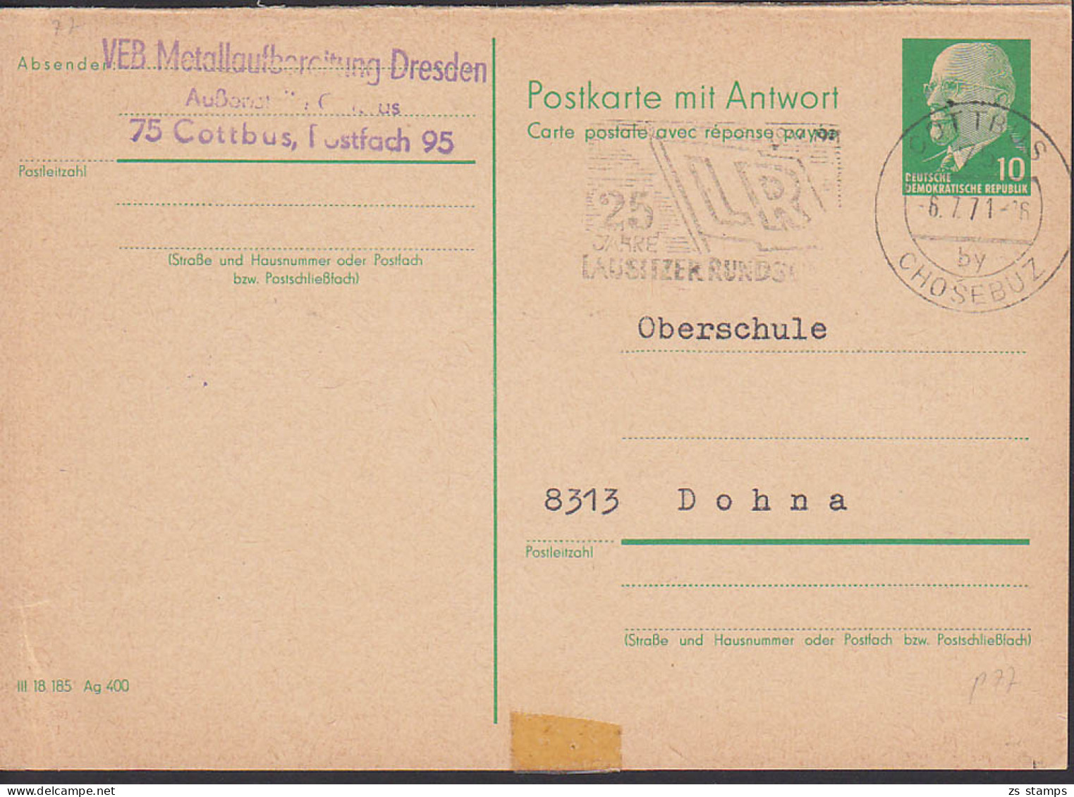 Cottbus 6.7.71, MWSt. 25 Jahre Lausitzer Ring 10 Pfg. Walter Ulbricht GA Frageteil P77  - Cartoline - Usati