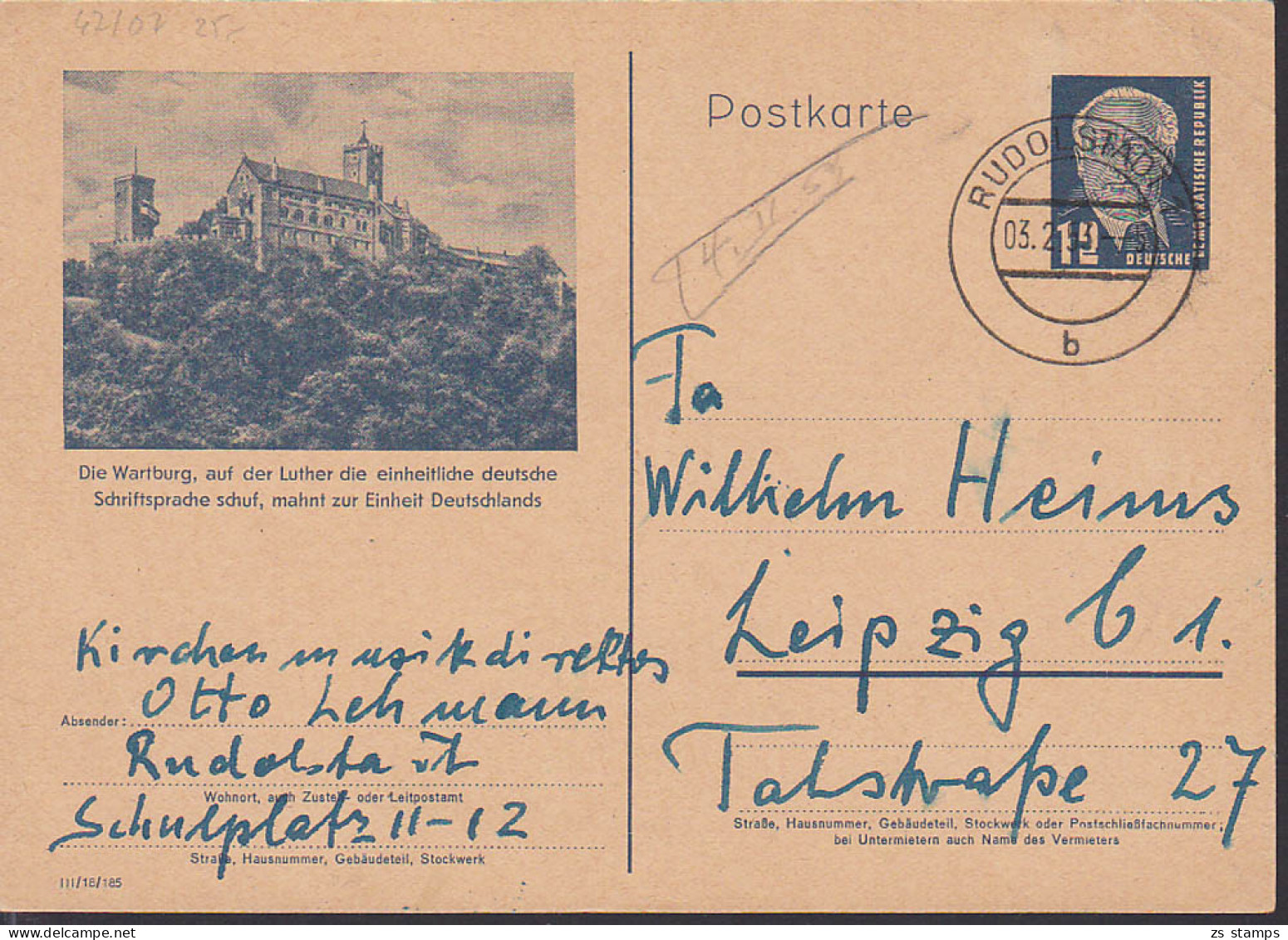 Rudolstadt 3.2.53, 12 Pf. Die Wartburg, Auf Der Luther ... P47/07 - Postcards - Used