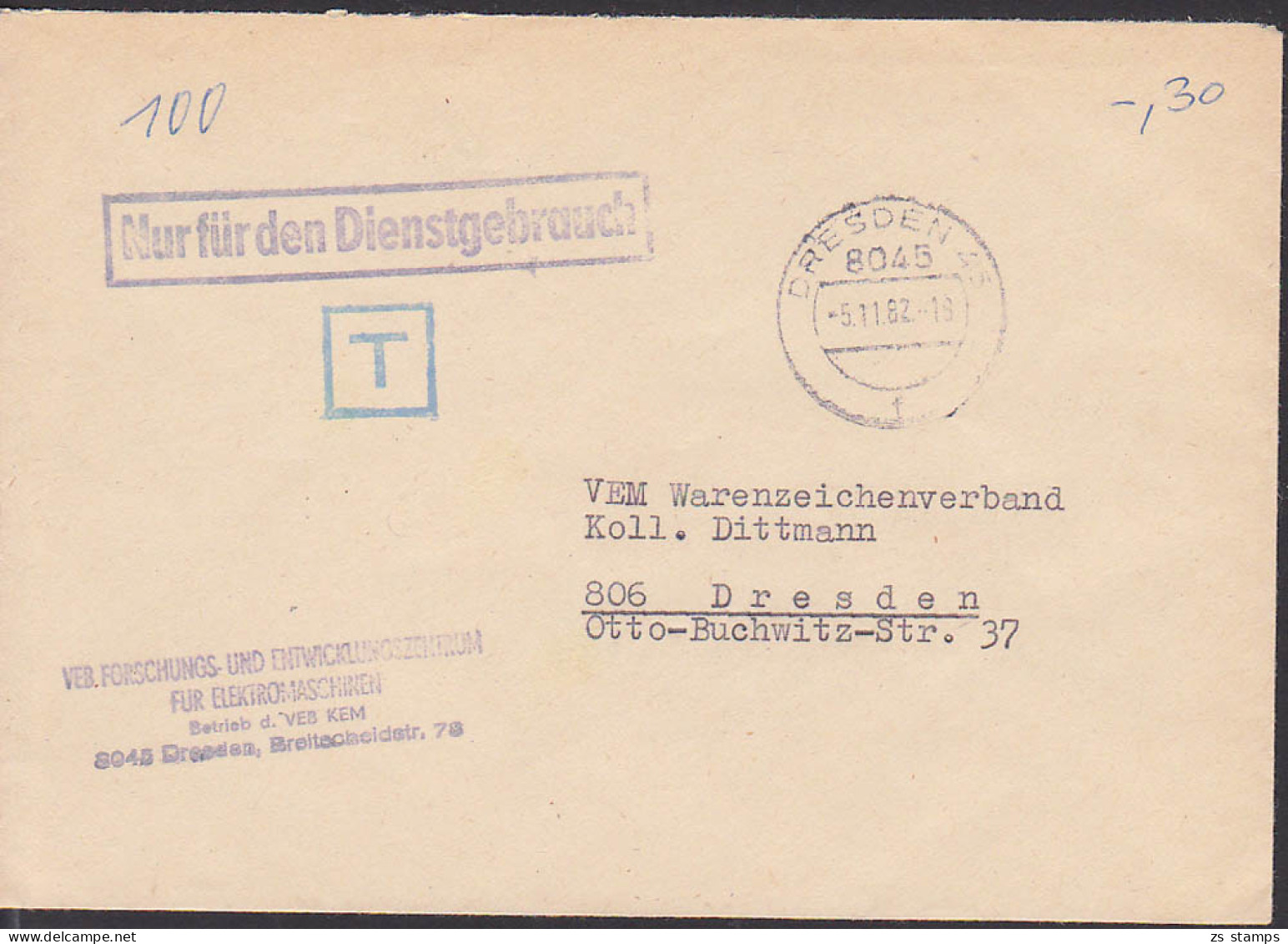 Dresden 45,  R1- Nur Für Den Dienstgebrauch ZKD 5.11.82 Abs. Forschungs- Und Entwicklungszentrum - Covers & Documents