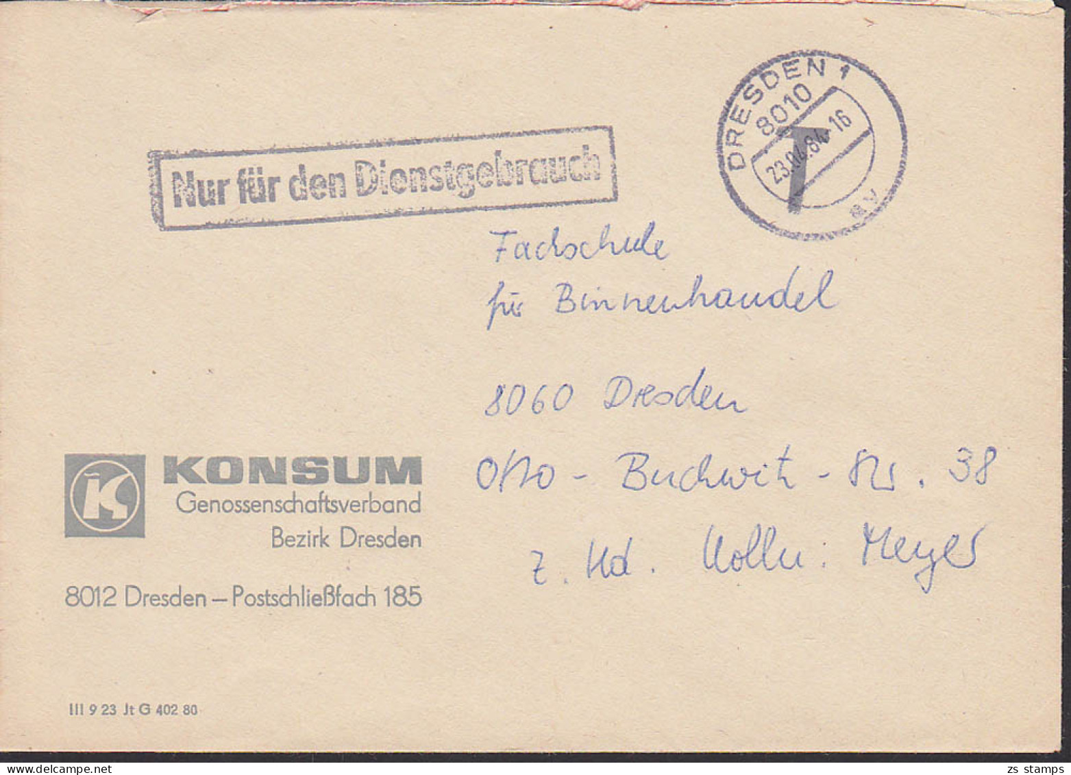 Dresden,  R1- Nur Für Den Dienstgebrauch ZKD 23.4.84 Abs. KONSUM - Lettres & Documents