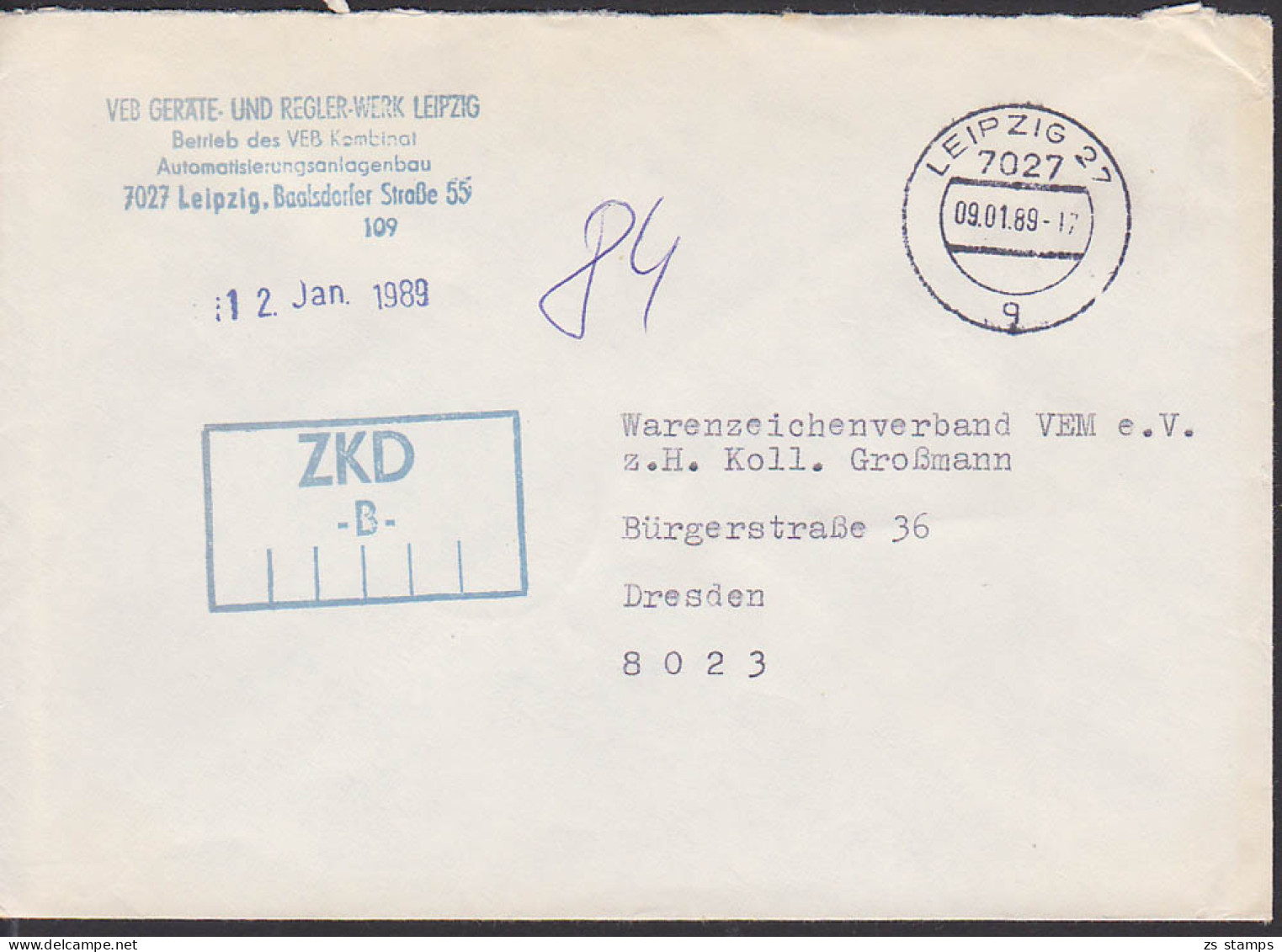 Leipzig,  R2 ZKD-St -B- 9.1.89  Abs. Geräte- Und Reglerwerk - Cartas & Documentos