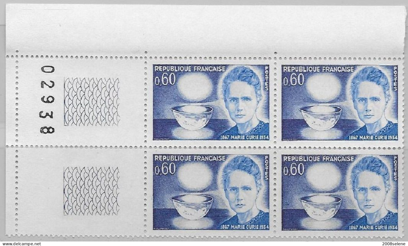 1967 Bloc De 4 Coin Numéroté Marie Curie  Neuf ** N°1533 - 1960-1969