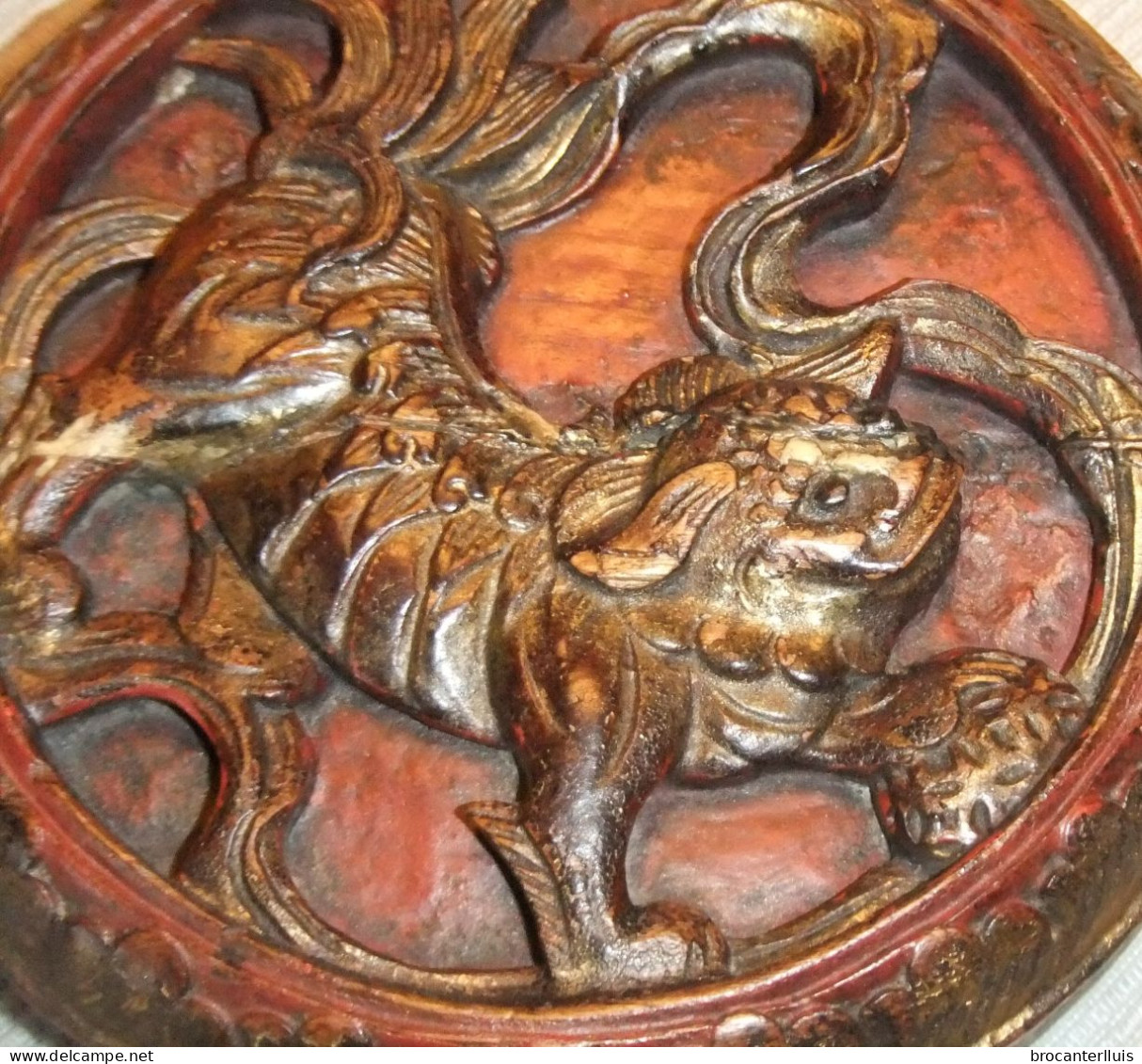 ANTIGUO PANEL DE MADERA POLICROMADA CON DRAGÓN, CHINA - Oestliche Kunst