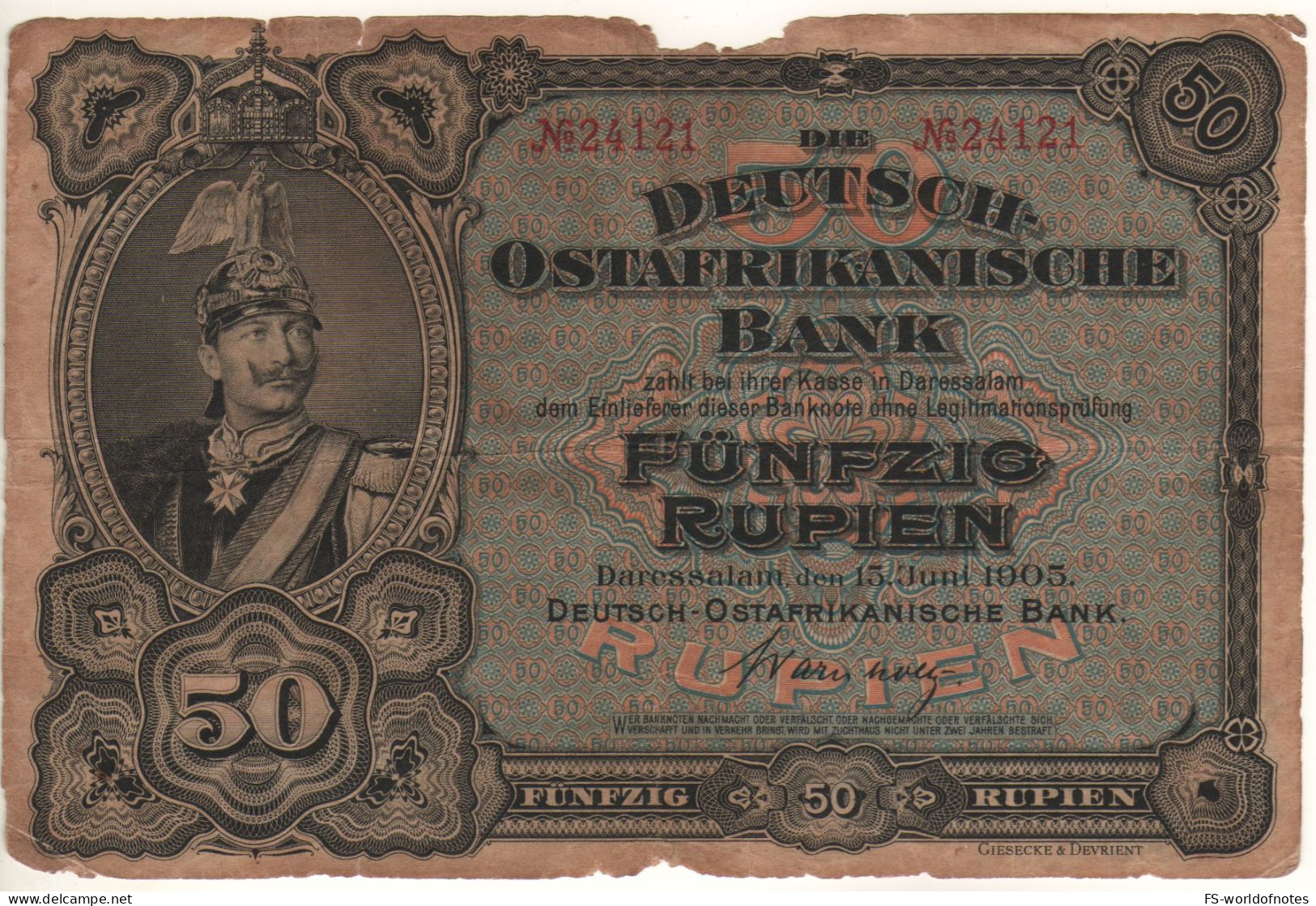 GERMAN EAST AFRICA  50 Rupien   P3b   Dated 15.06.1905  ( Serial Nr. Front & Back +   Emperor Wilhelm II) - Deutsch-Ostafrikanische Bank