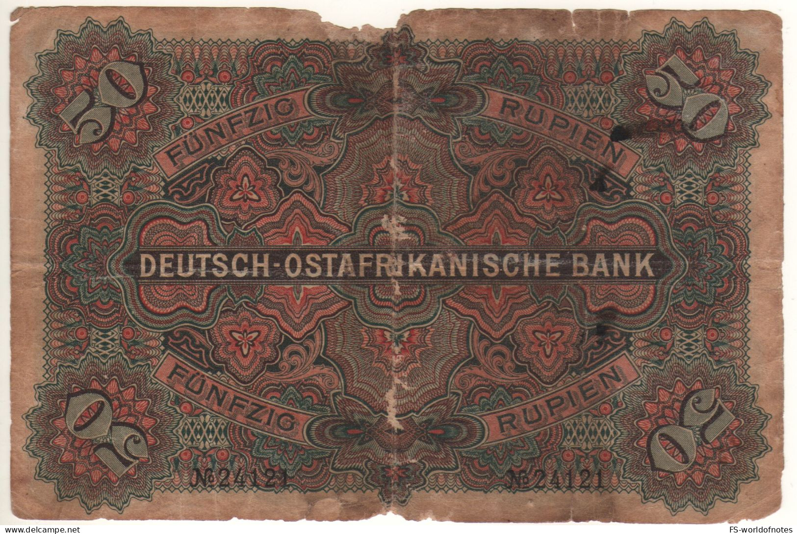 GERMAN EAST AFRICA  50 Rupien   P3b   Dated 15.06.1905  ( Serial Nr. Front & Back +   Emperor Wilhelm II) - Deutsch-Ostafrika