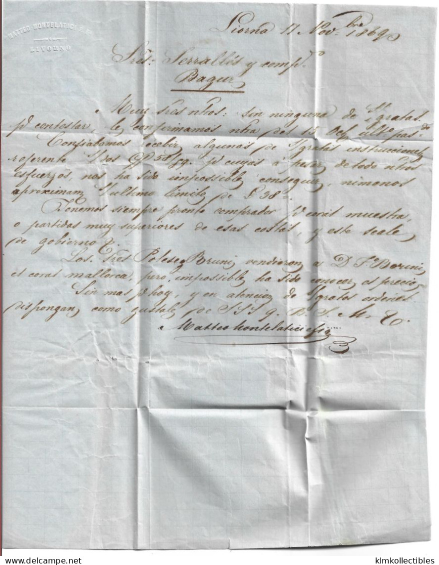 ITALY ITALIA SPAIN ESPANA - 1869 PIROSCAFI LIVORNO TO BAGUR BEGUR GIRONA CATALONIA - VIA DE GENOVA - Autres & Non Classés