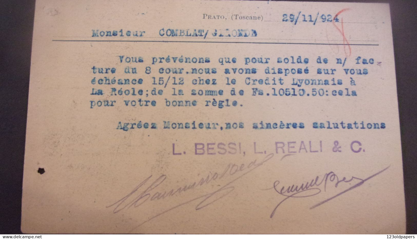 ITALIE PRATO TOSCANO BESSI REALI EXPORTATION DE SORGHO 1924 - Unclassified