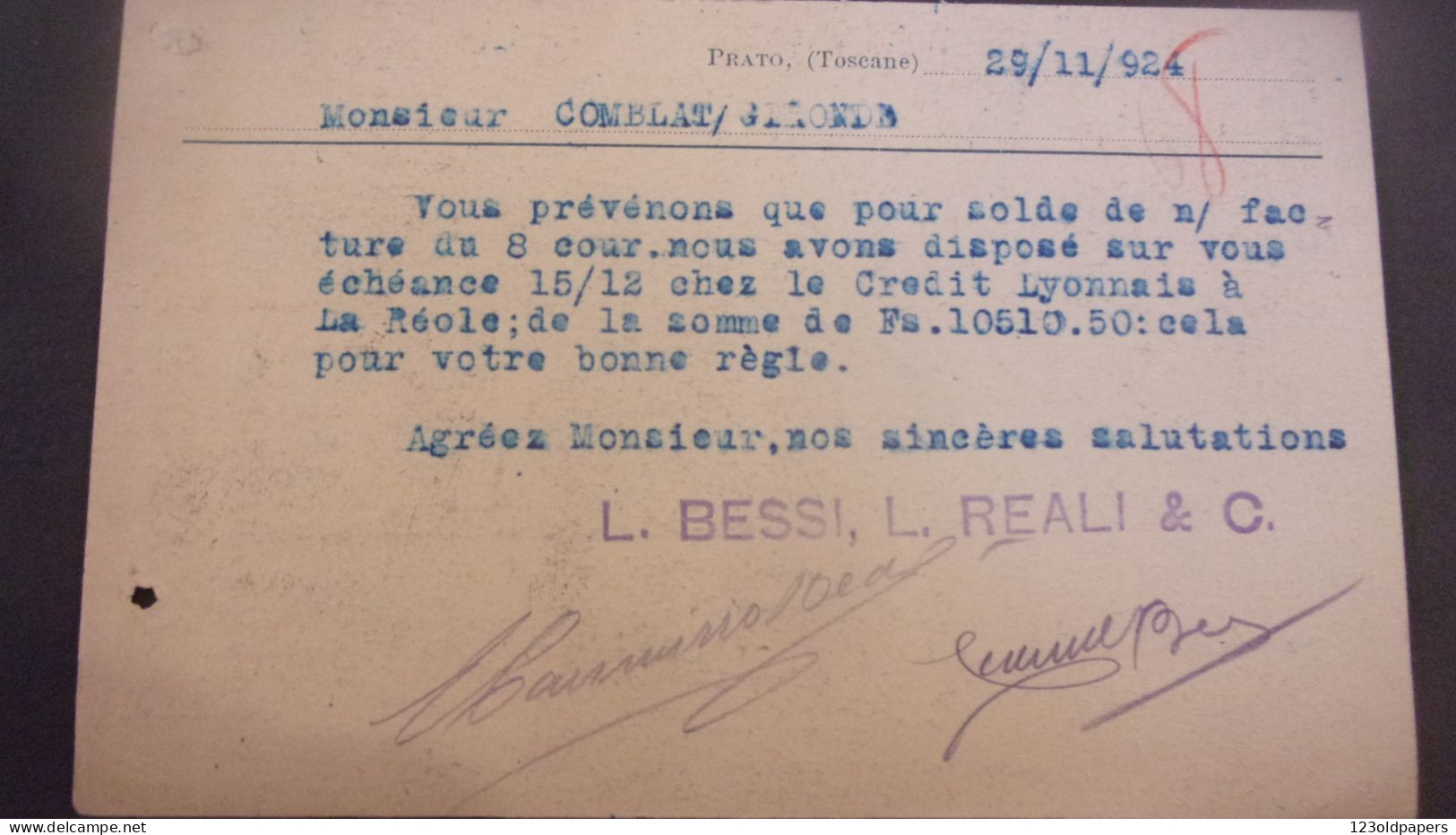 ITALIE PRATO TOSCANO BESSI REALI EXPORTATION DE SORGHO 1924 - Non Classés