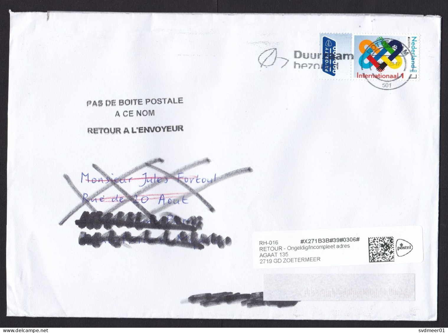 Netherlands: Cover To France, 2023, 1 Stamp + Tab, Europa, Returned, Retour Cancel, 2x Dutch Label (minor Damage) - Cartas & Documentos