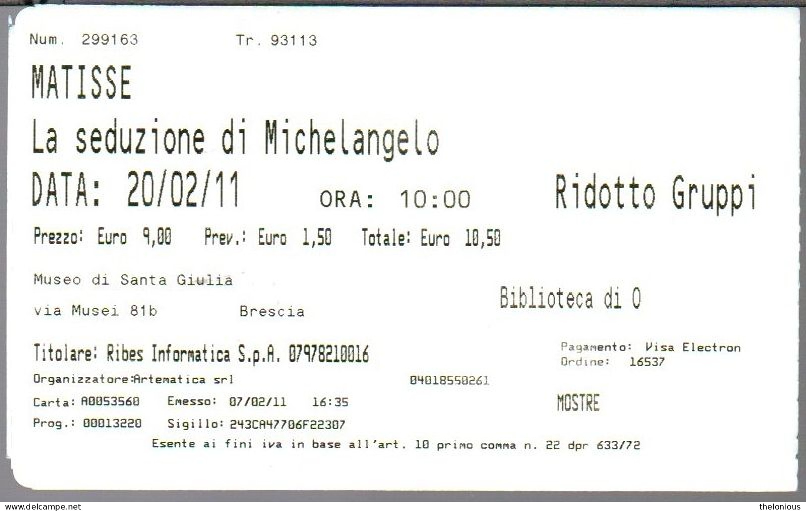 Tiket - MATISSE - BRESCIA MUSEO SANTA GIULIA 2011 - Tickets D'entrée