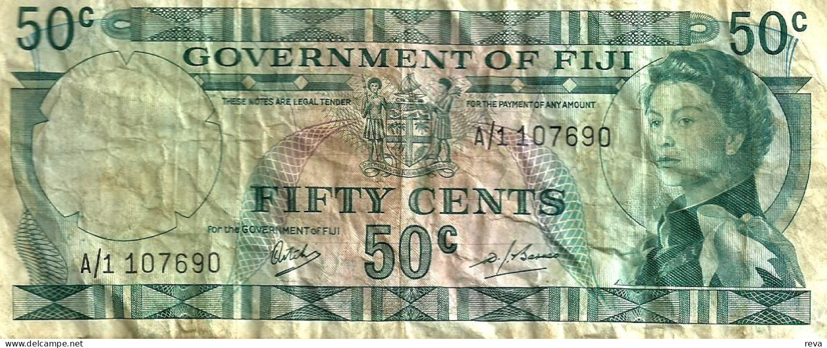 FIJI 50 CENTS BLUE NAME OF COUNTRY QEII HEAD FRONT & NATIVE HUT BACK ND(1968)P.58a SIG. RITCHIE-BARNES READ DESCRIPTION - Fiji