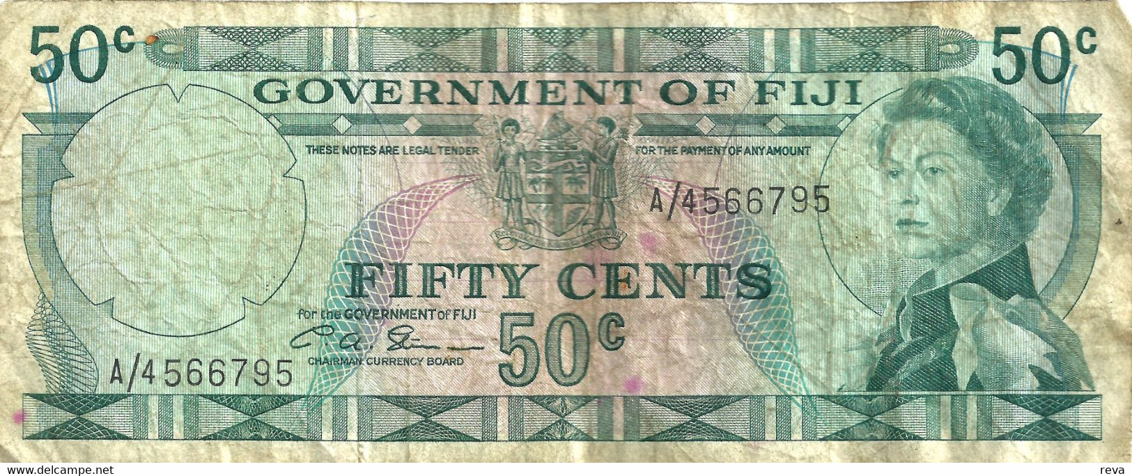 FIJI 50 CENTS BLUE NAME OF COUNTRY QEII HEAD FRONT & NATIVE HUT BACK ND(1968)P.58a SIG. RITCHIE-BARNES READ DESCRIPTION - Fiji