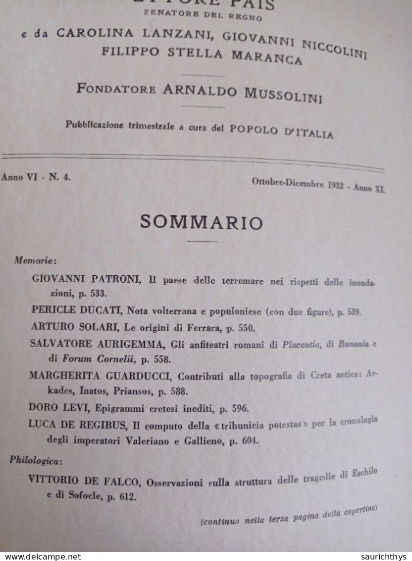 Historia Studi Storici Per L'antichità Classica A Cura Del Popolo D'Italia 1932 Origini Di Ferrara Volterra Populonia - Geschichte, Biographie, Philosophie