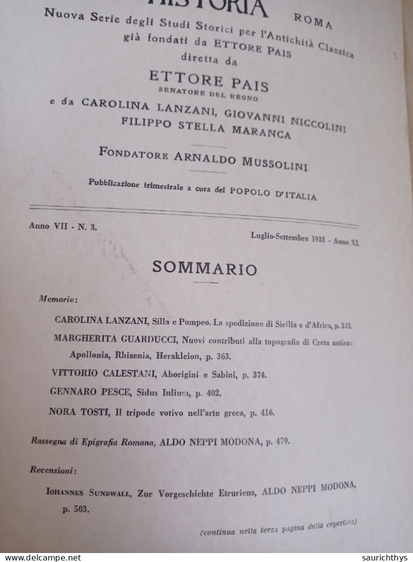 Historia Studi Storici Per L'antichità Classica A Cura Del Popolo D'Italia 1933 Silla E Pompeo La Spedizione Di Sicilia - Geschiedenis, Biografie, Filosofie