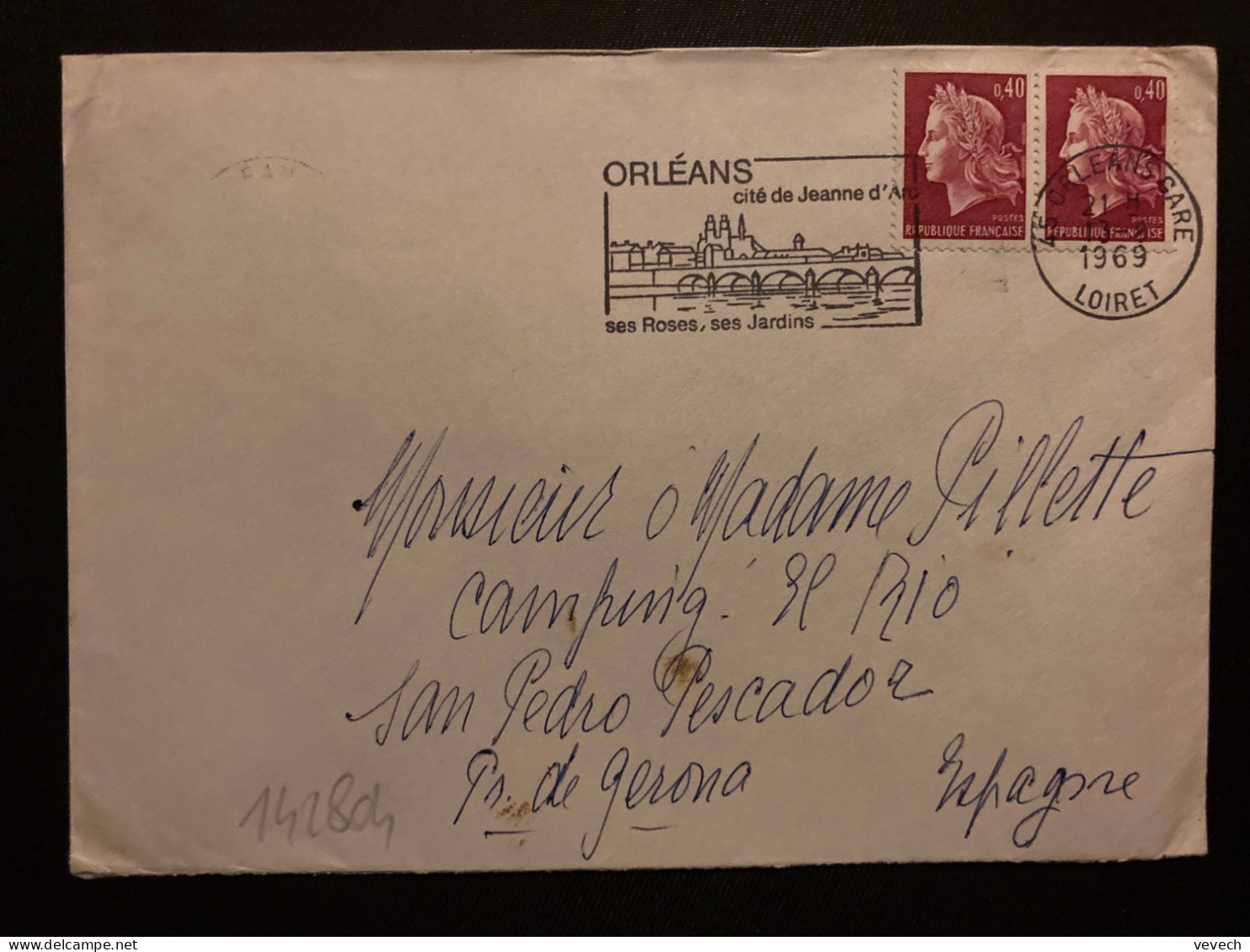 LETTRE Pour ESPAGNETP M DE CHEFFER 0,40 Paire De Carnet OBL.MEC.13-8 1969 45 ORLEANS GARE LOIRET Ses Roses - 1967-1970 Marianne (Cheffer)