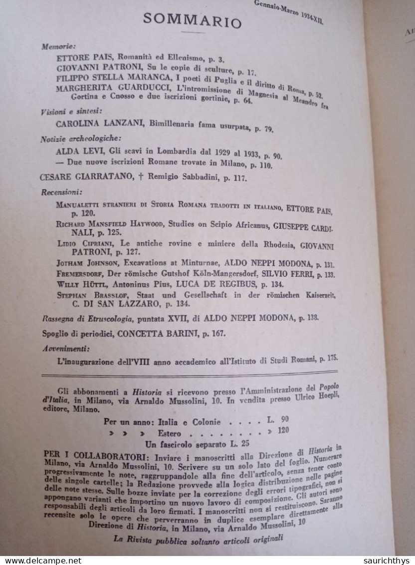 Historia Studi Storici Per L'antichità Classica A Cura Del Popolo D'Italia 1934 I Poeti Di Puglia Scavi In Lombardia - Geschichte, Biographie, Philosophie