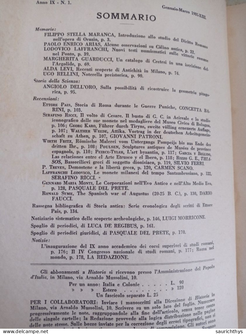 Historia Studi Storici Per L'antichità Classica A Cura Del Popolo D'Italia 1935 Diritto Romano Antichità In Milano - Histoire, Biographie, Philosophie