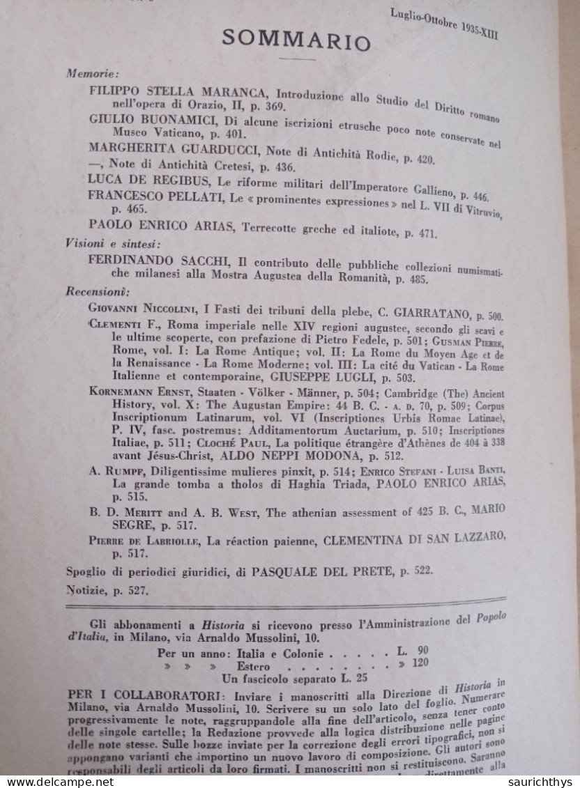 Historia Studi Storici Per L'antichità Classica A Cura Del Popolo D'Italia 1935 Diritto Romano Iscrizioni Etrusche - Geschiedenis, Biografie, Filosofie