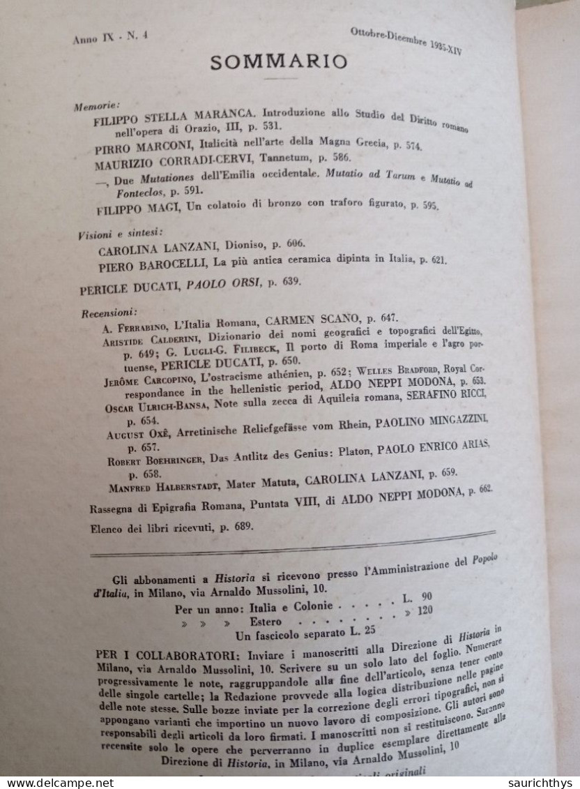 Historia Studi Storici Per L'antichità Classica A Cura Del Popolo D'Italia 1935 Diritto Romano Aquileia Romana - History, Biography, Philosophy