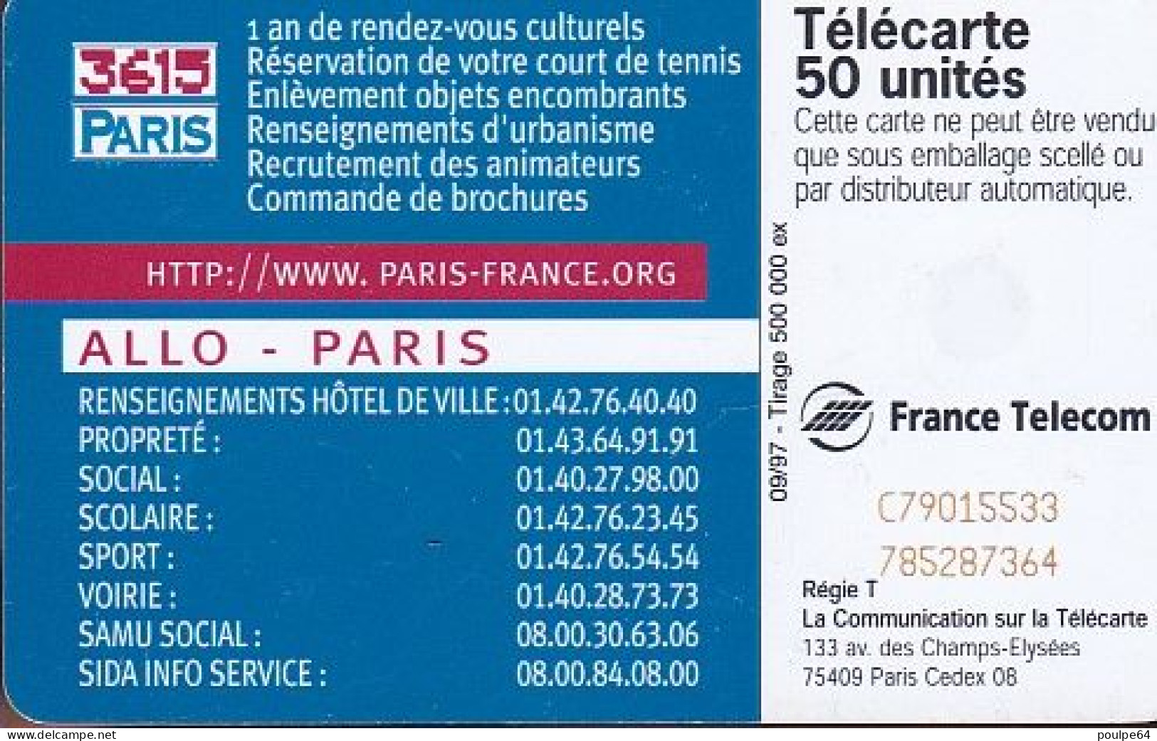 F785  09/1997 - MAIRIE DE PARIS - 50 SC7 - 1997