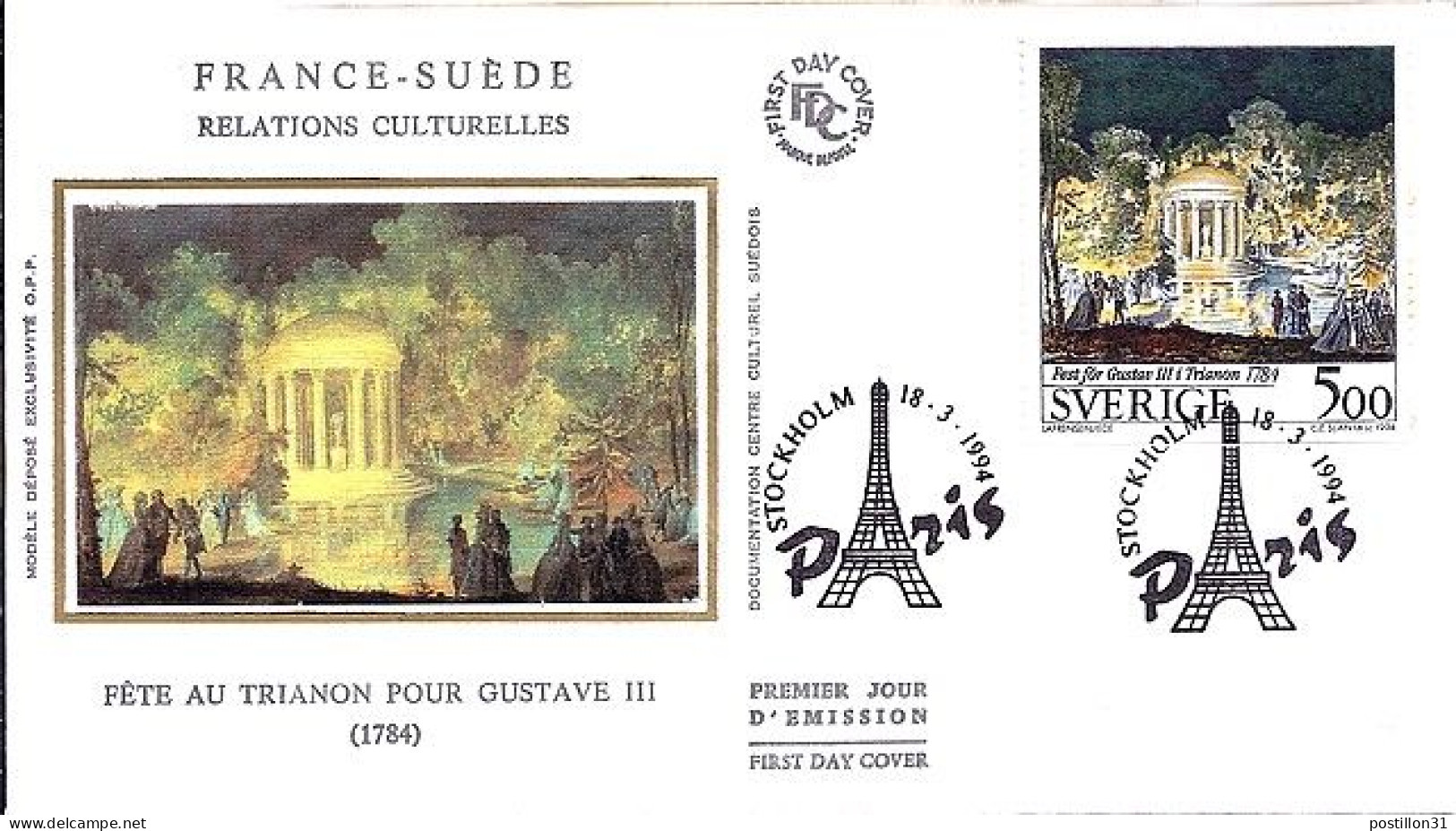 SUEDE N° S/L. DU 18.3.94 DE PARIS 1° JOUR  - Covers & Documents