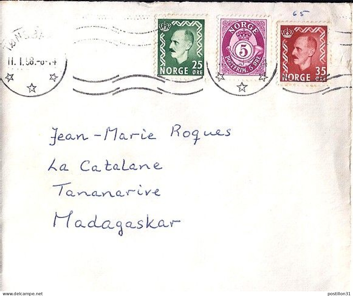 NORVEGE N° 361/362/171 S/L DU 11.1.58 POUR MADAGASCAR - Storia Postale