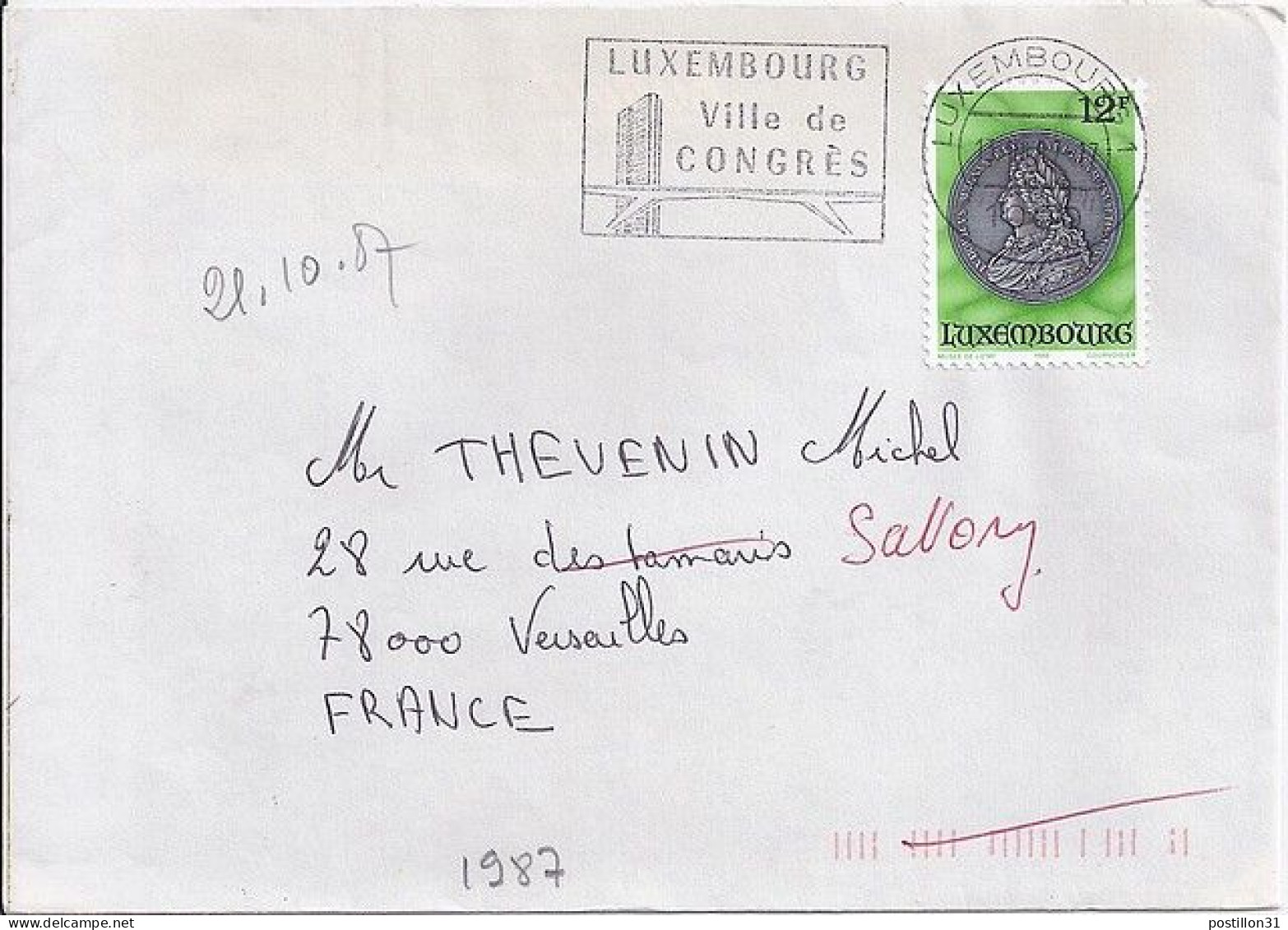 LUXEMBOURG N° 1095 S/L. DU 13.10.87 POUR LA FRANCE - Cartas & Documentos