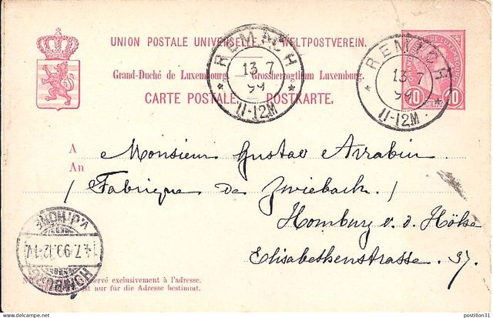 LUXEMBOURG N° ENTIER Type 73 S/CP. DU 13.7.1899 POUR L’ALLEMAGNE - 1895 Adolphe Right-hand Side