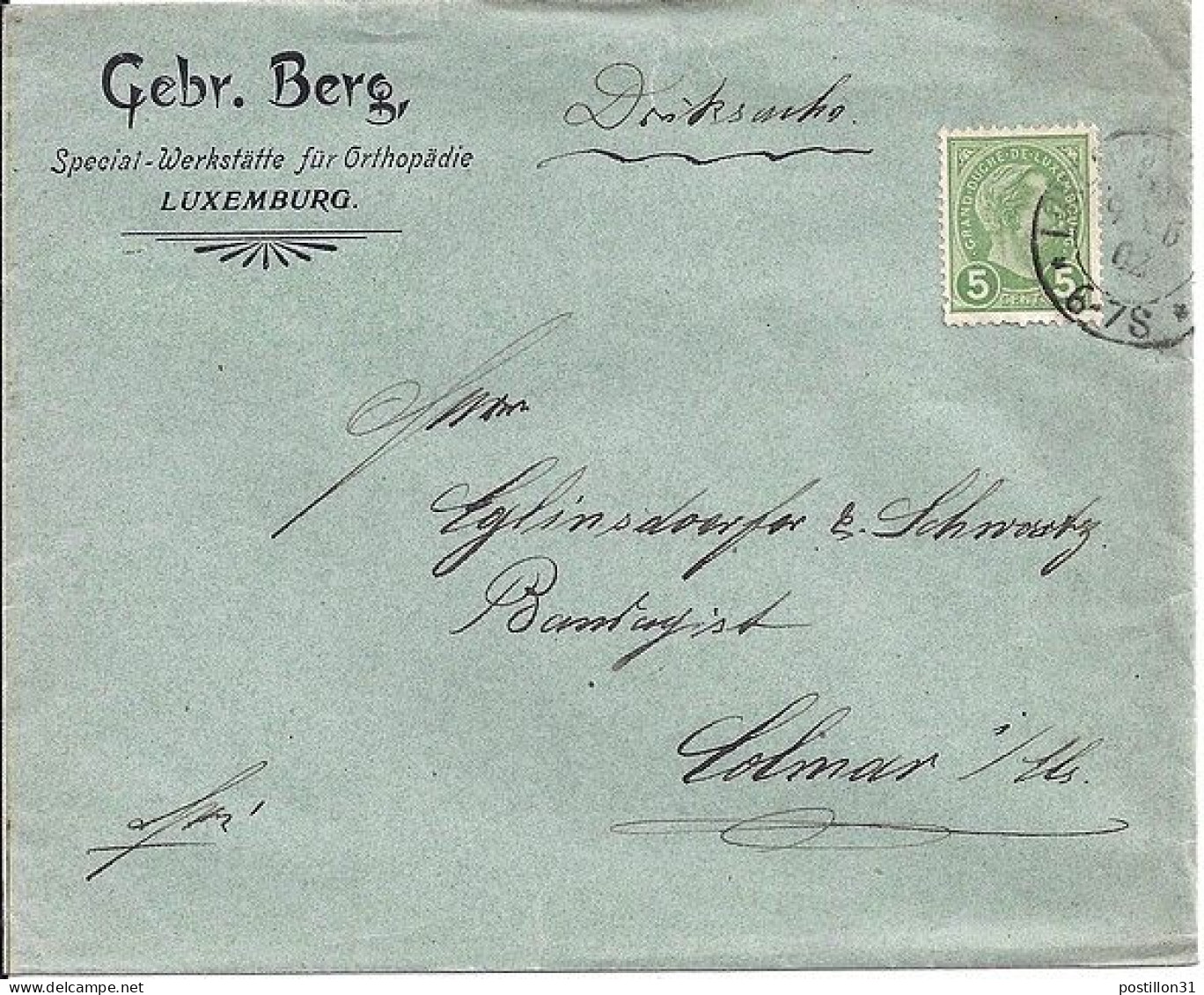 LUXEMBOURG N° 72 S/L. DU 1902 POUR L’ALSACE/ALLEMAGNE - 1895 Adolphe Profil