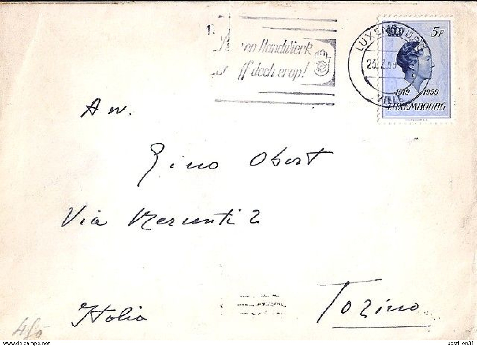 LUXEMBOURG N° 561 S/L. DU 23.2.59 POUR L’ITALIE - Cartas & Documentos