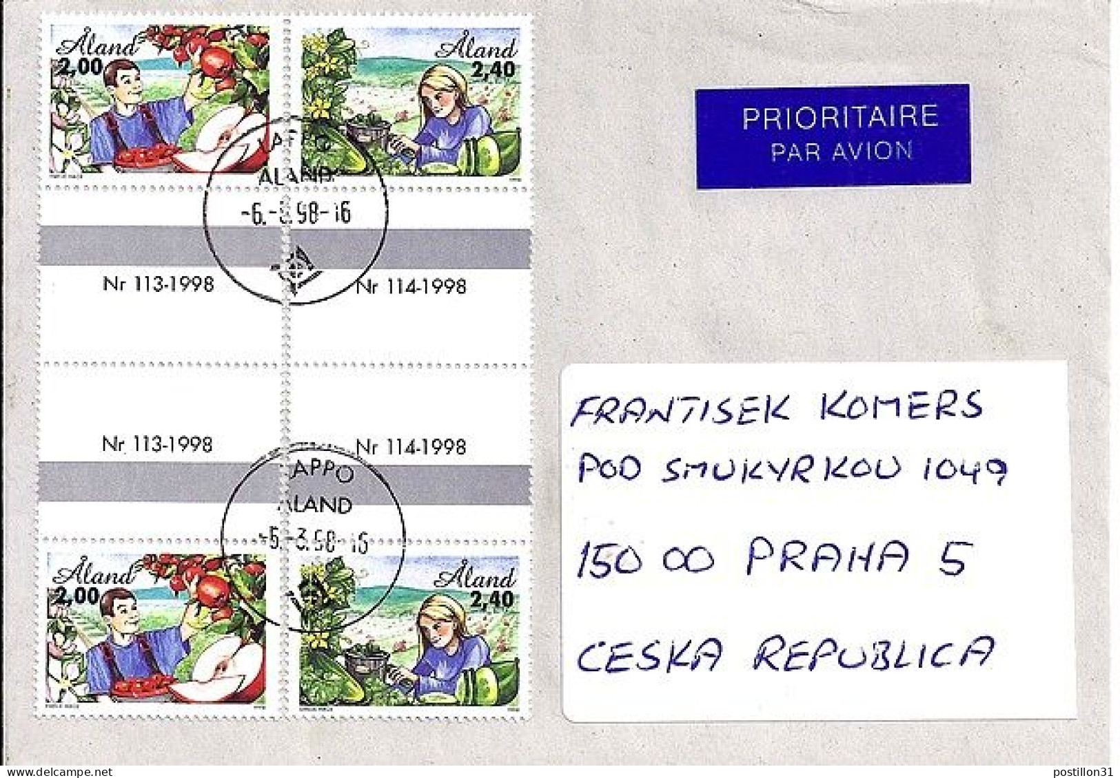 FINLANDE ALAND N° 134x2/135x2 S/L. DE LAPPO/5.3.98 POUR LA TCHEKIE - Covers & Documents