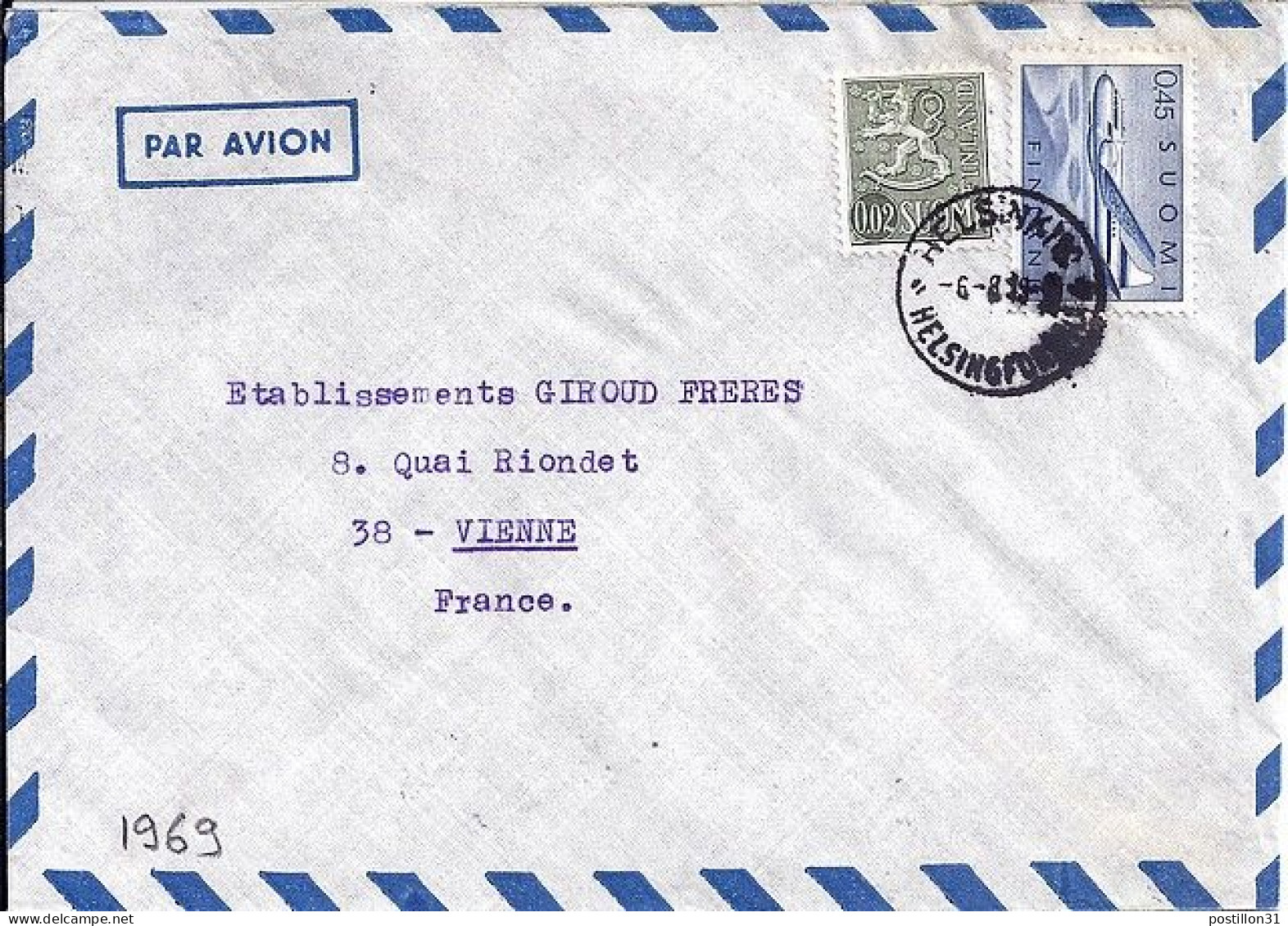 FINLANDE N° PA8/531B S/L. DE HELSINSKI / 6.8.69 POUR LA FRANCE - Cartas & Documentos