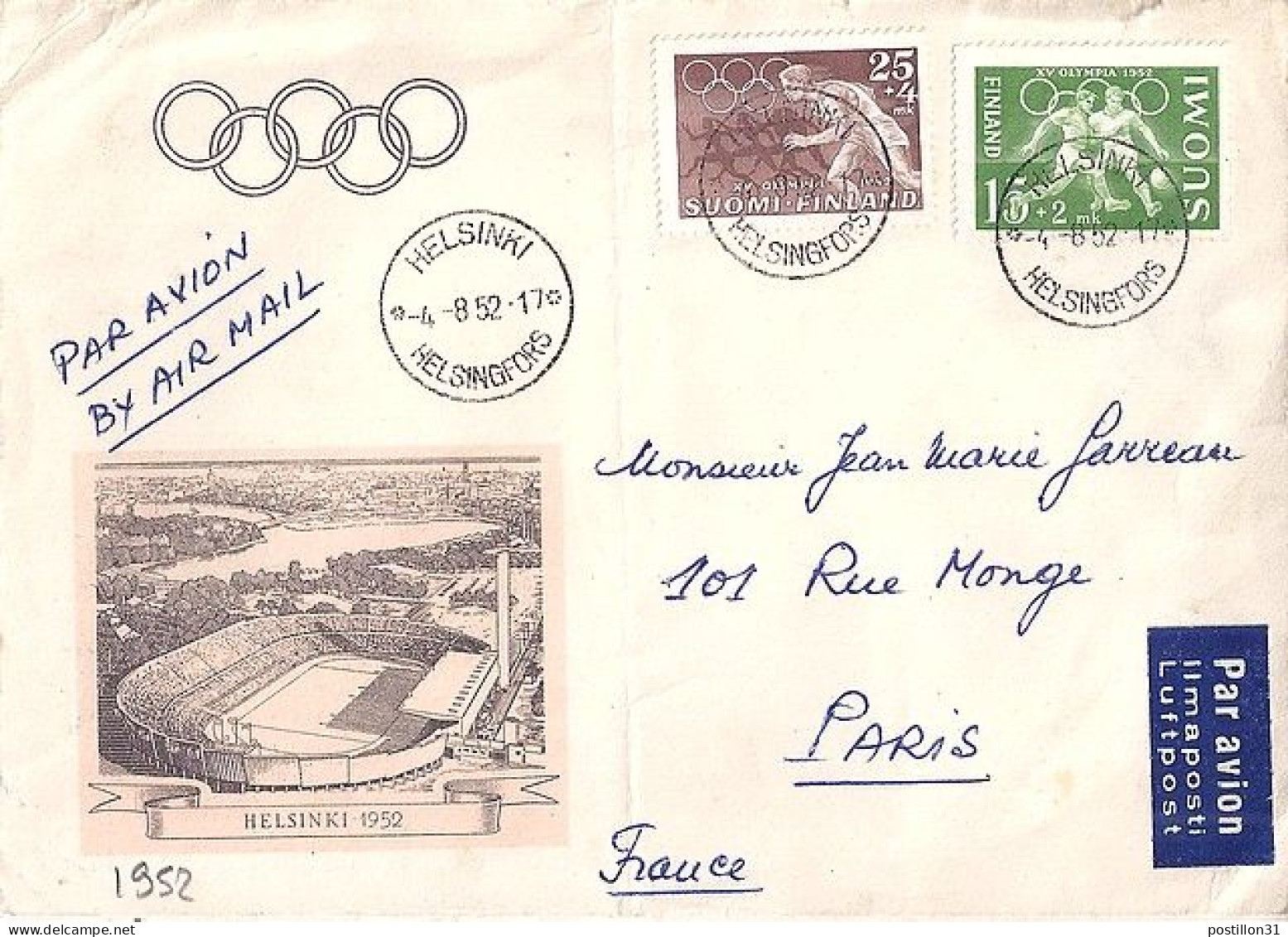 FINLANDE N° 388/389 S/L. DU 4.8.52 POUR LA FRANCE - Brieven En Documenten