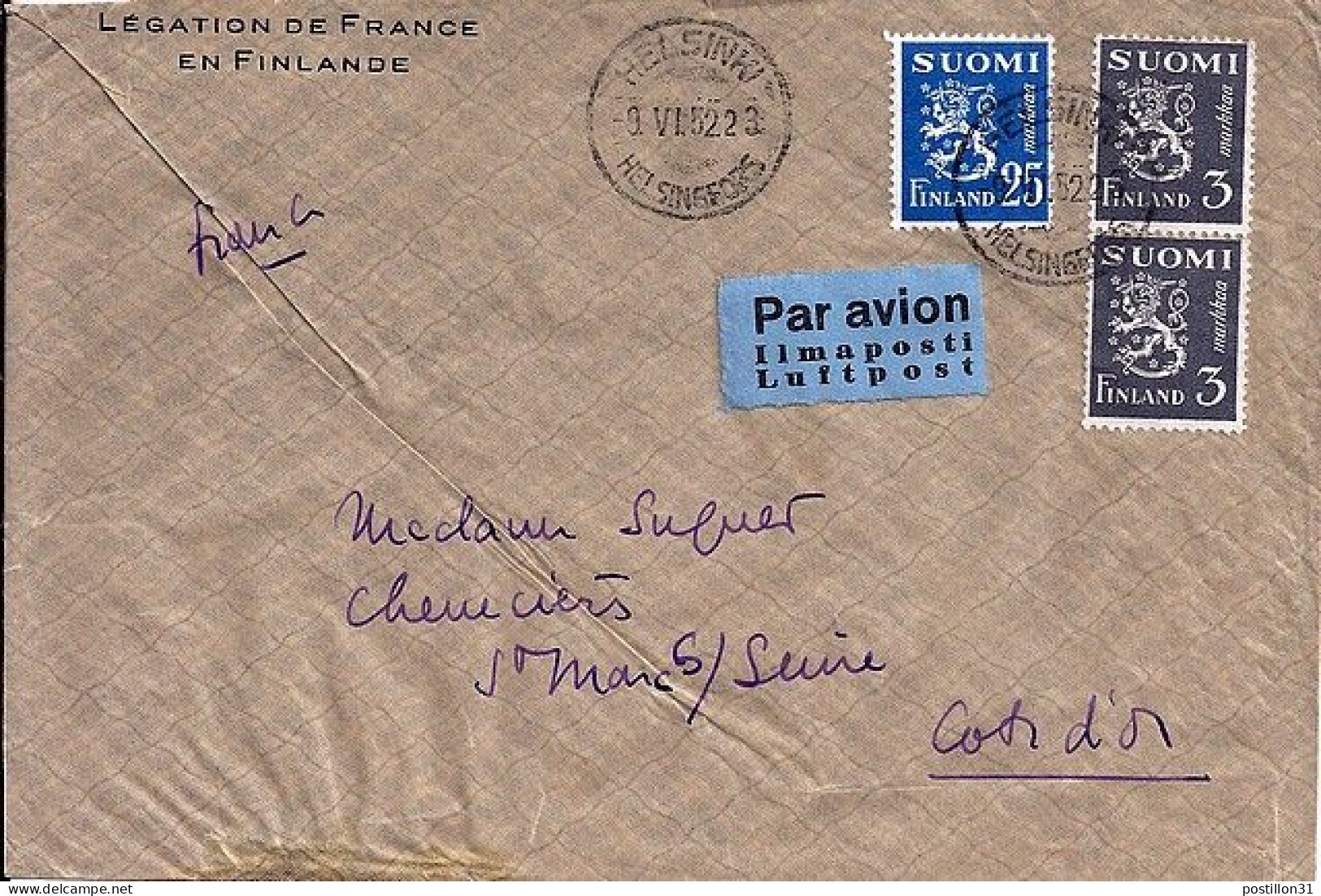 FINLANDE N° 386/291Ax2 S/L. DU 9.6.52 POUR LA FRANCE - Cartas & Documentos