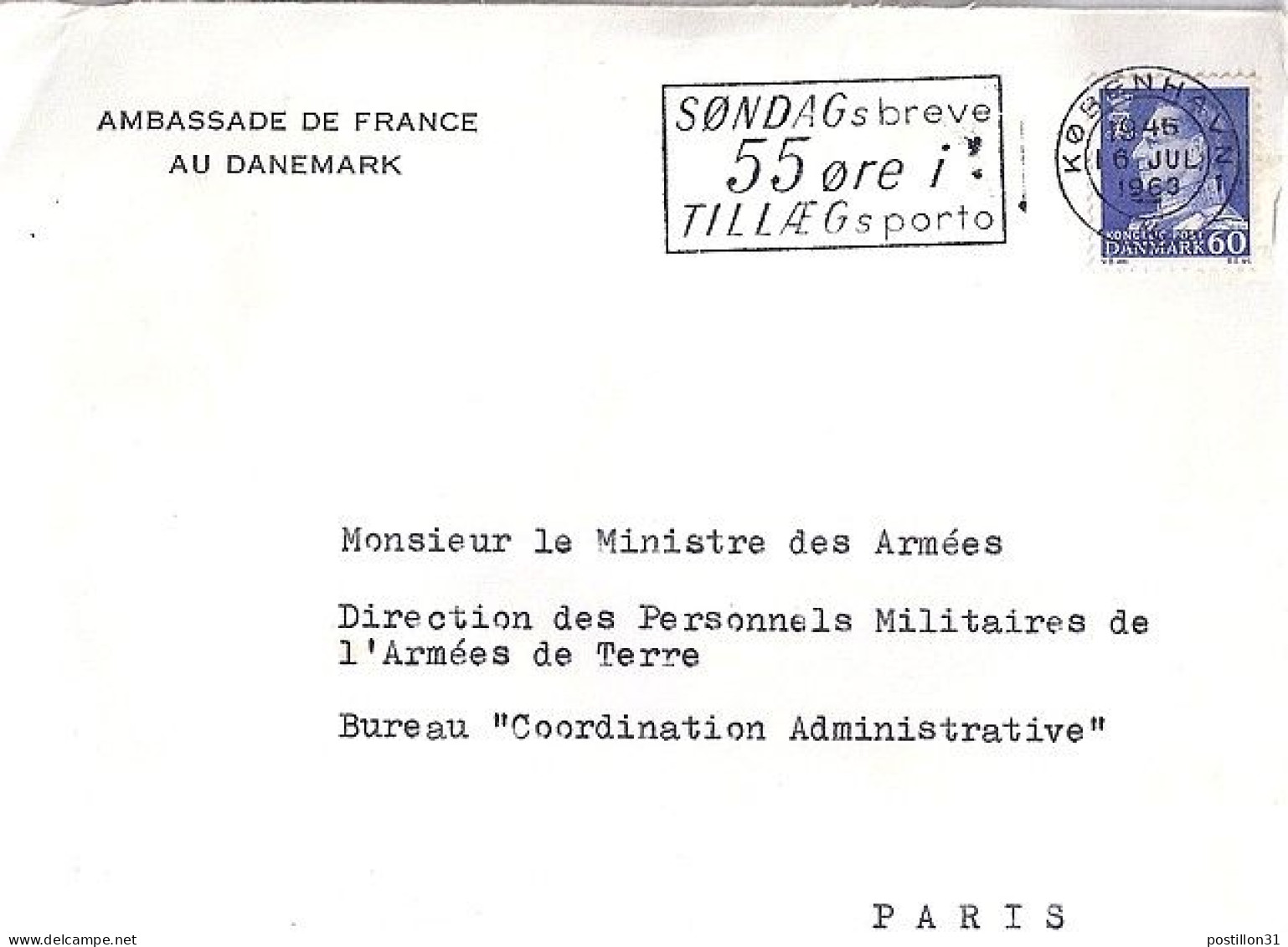 DANEMARK N° 403 S/L. DE COPENHAGUE/16.7.63 POUR LA FRANCE - Cartas & Documentos